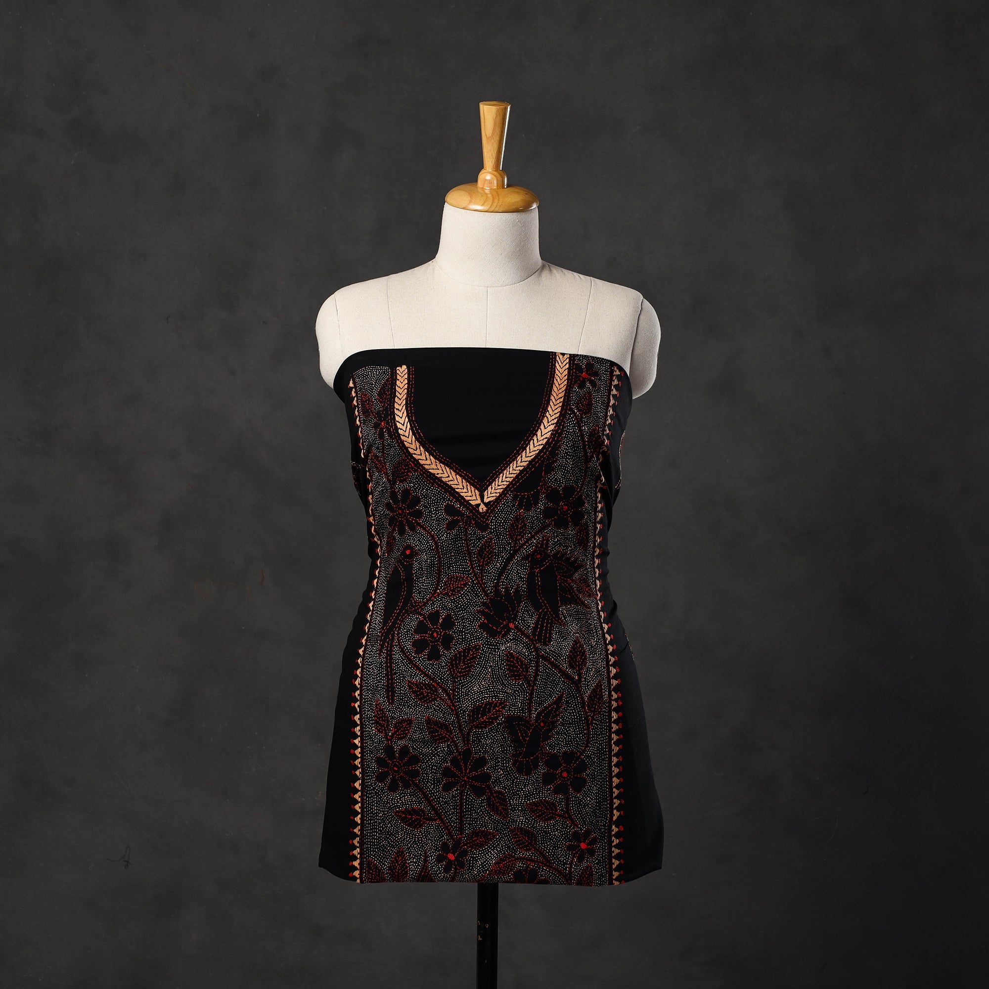 KHUSHBASH - HAPPY LOOM OF EAST Black - Bengal Kantha Embroidery Cotton Kurta Material - (2.75m) 04
