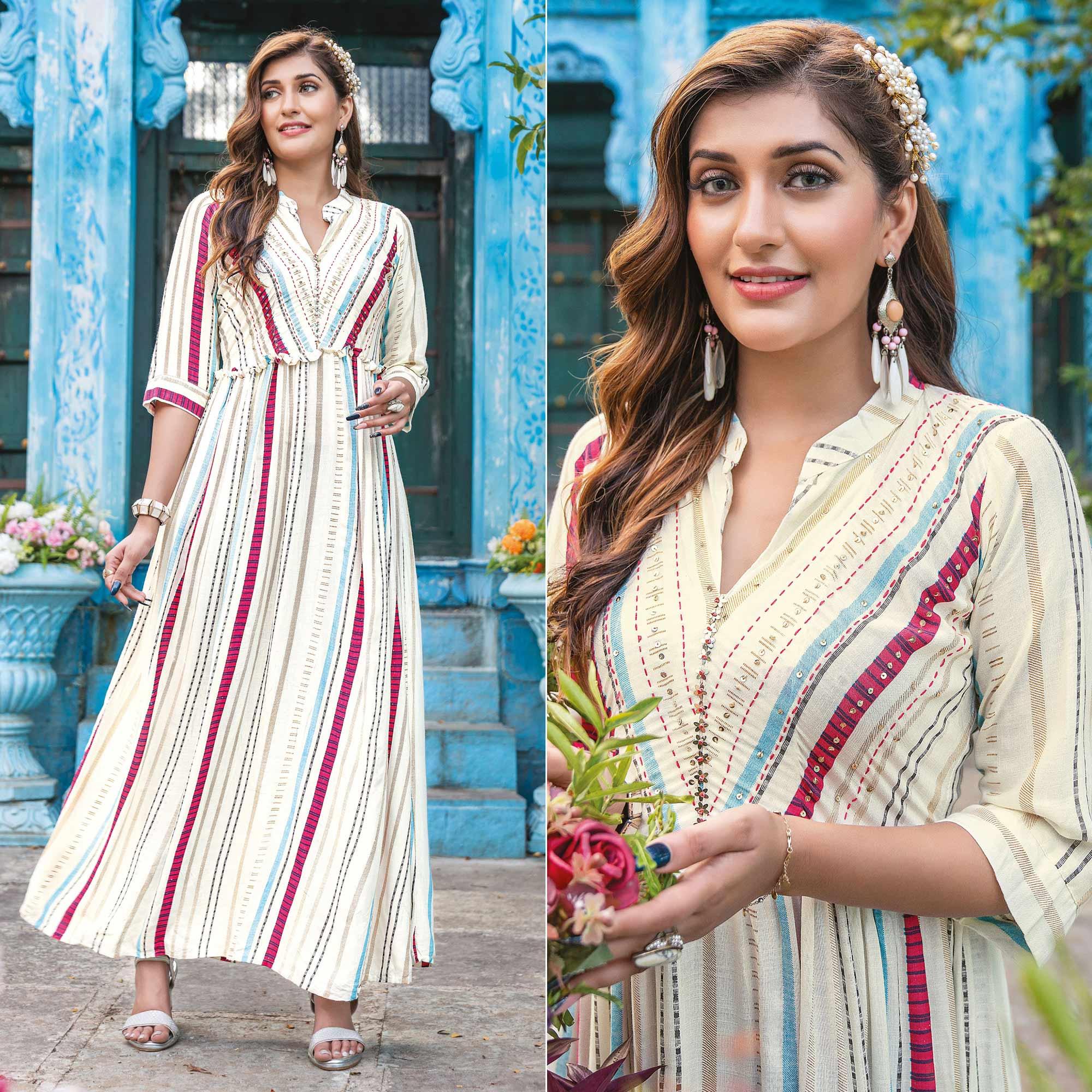 Peachmode Seller Cream Printed With Sequins Embroidered Rayon Kurti