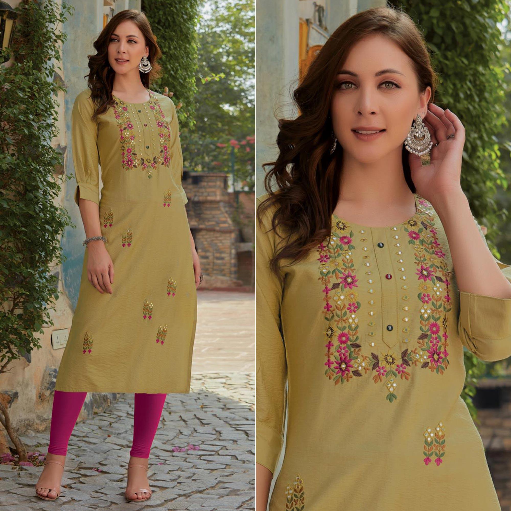 Peachmode Seller Mehendi Green Embroidered Cotton Silk Kurti