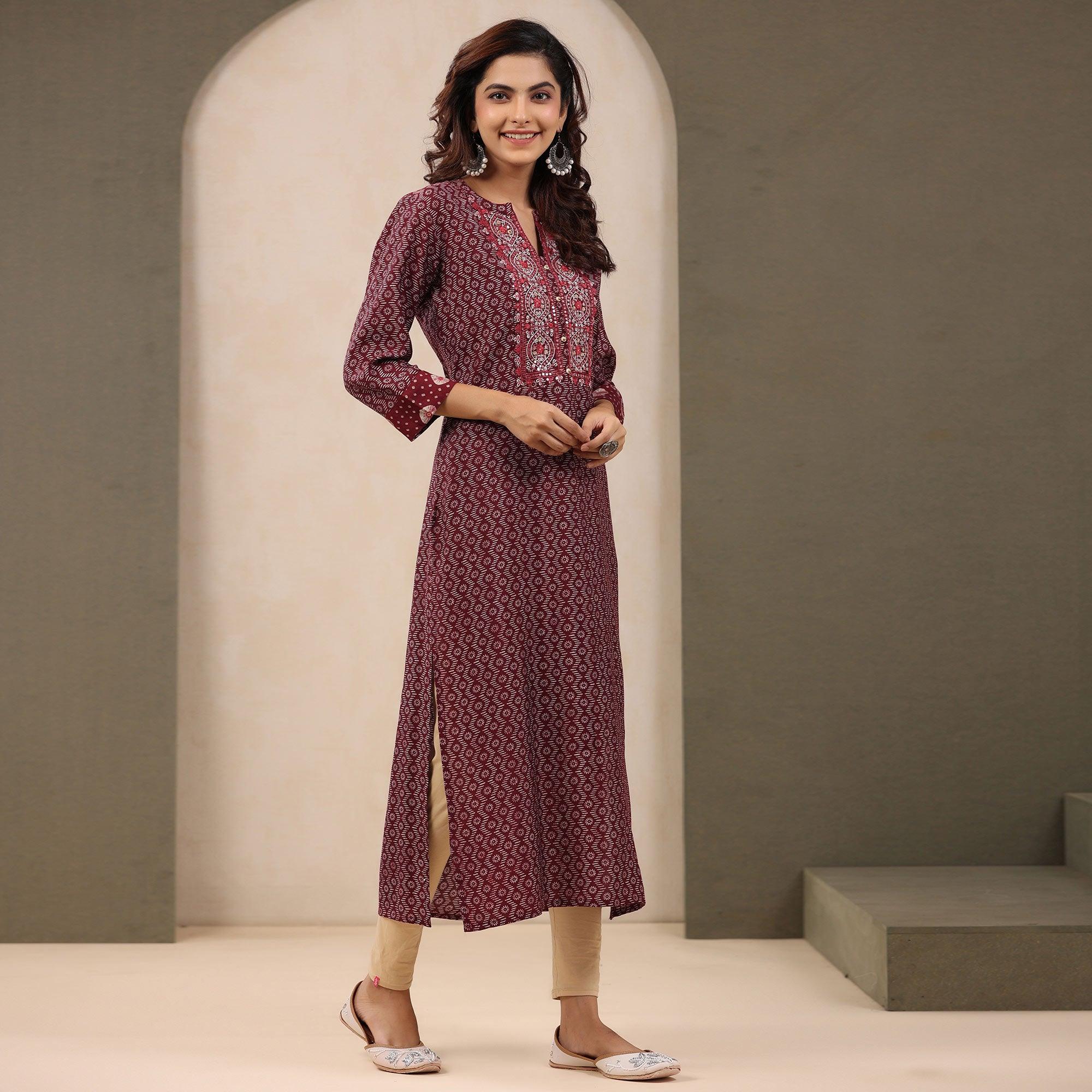 Peachmode Maroon Printed With Embroidered Chanderi Kurti - view 5