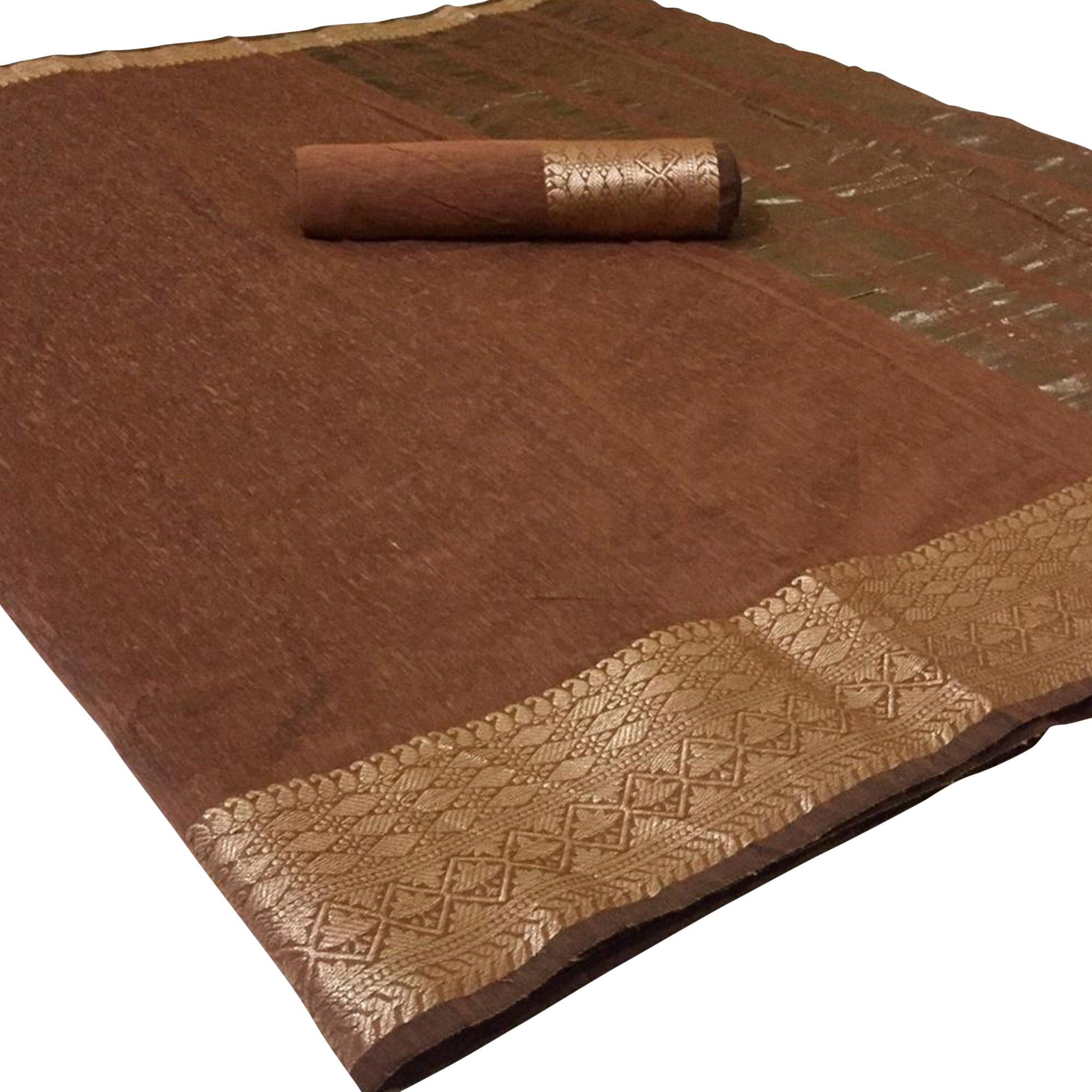 Peachmode Mesmeric Brown Colored Festive Wear Woven Linen Saree