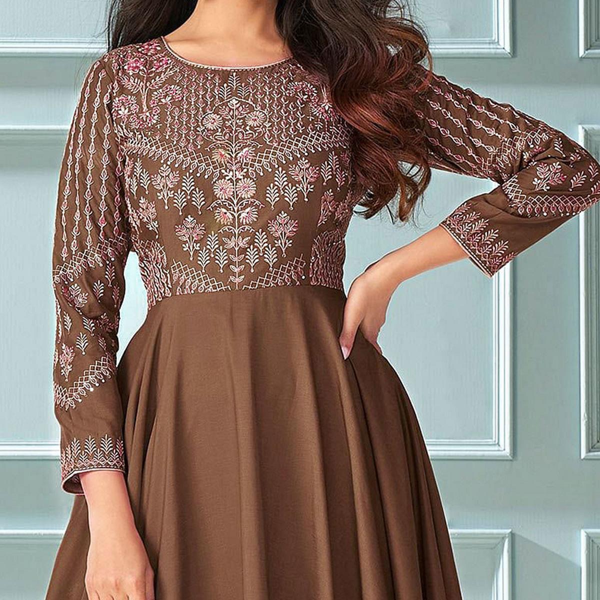 Peachmode Seller Brown Partywear Embroidered Muslin Silk Gown - view 2