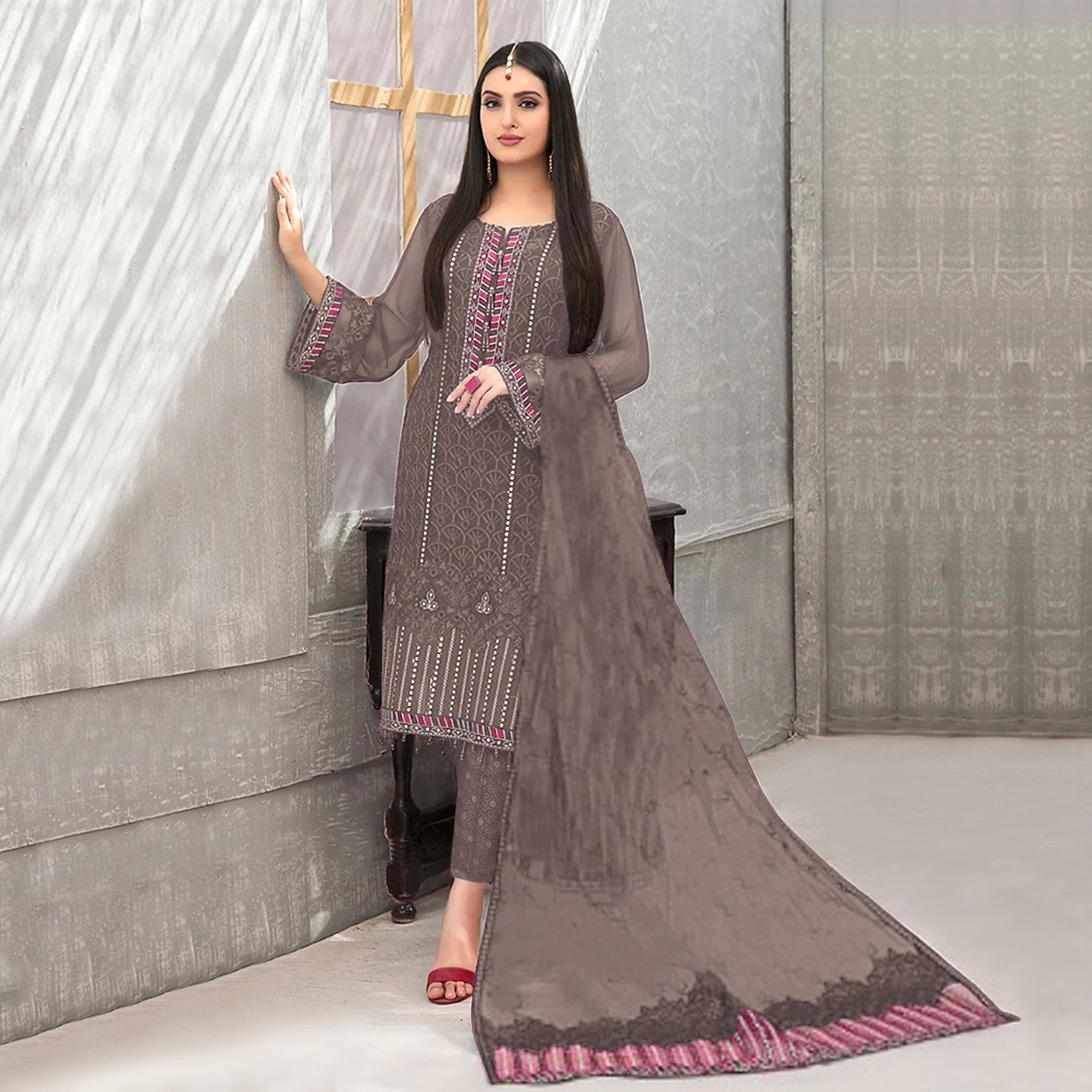 Peachmode Brown Embroidered Georgette Semi Stitched Pakistani Suit