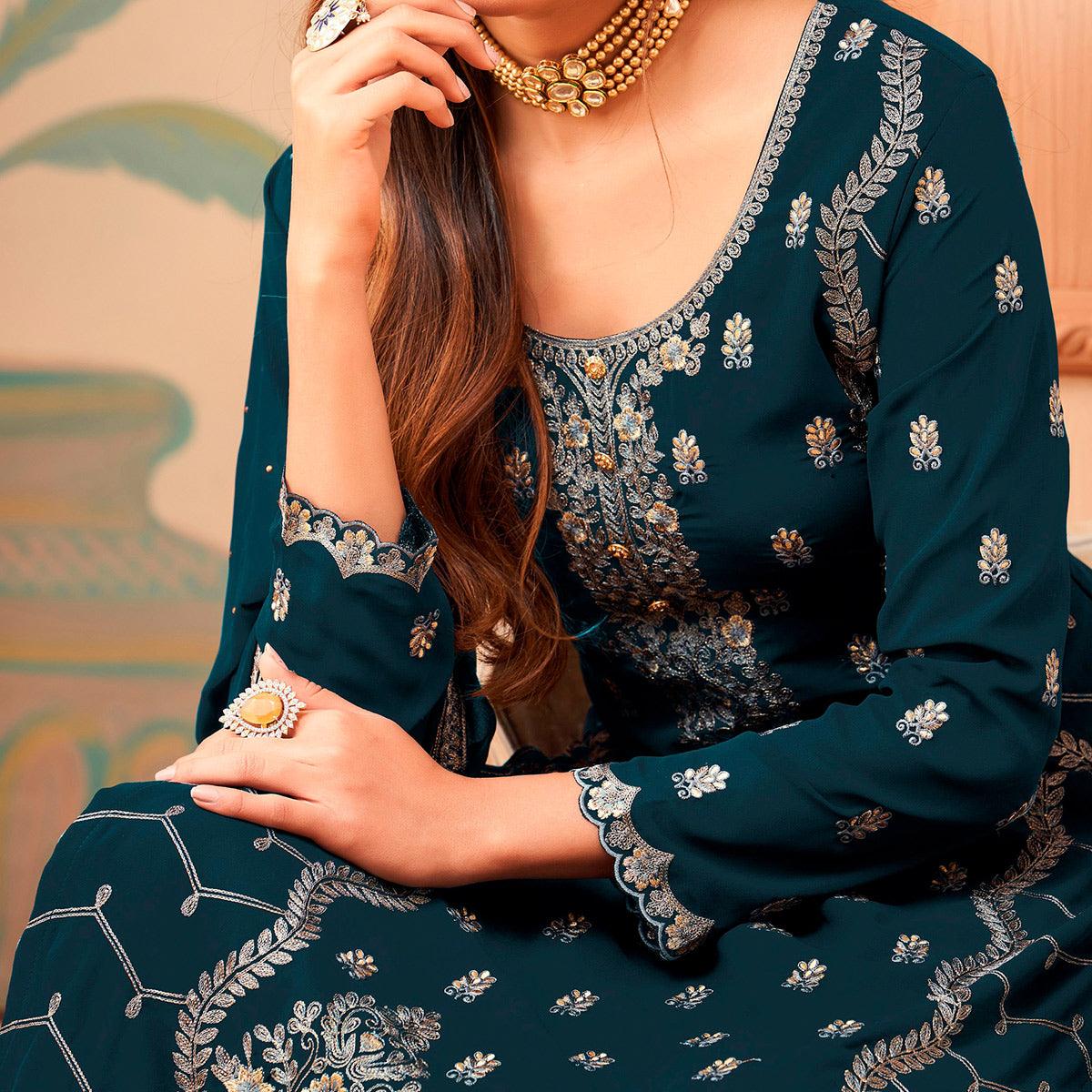 Peachmode Dark Blue Floral Embroidery Designer Georgette Partywear Suit - view 3