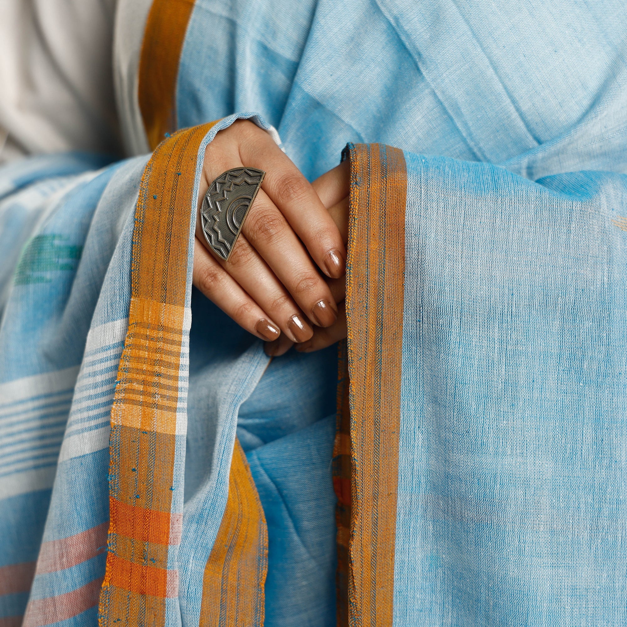 WEAVE INDIA BY SHEIKH MOIDUN NILUFAR Blue - Assam Weave Handloom Cotton Thread Buti Dupatta with Tassels - view 5