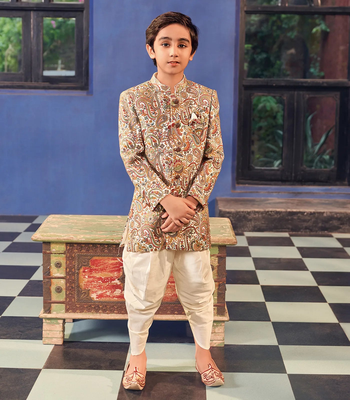 RmKV Off - White Printed Sherwani Suit with Dhoti Pants-Off White