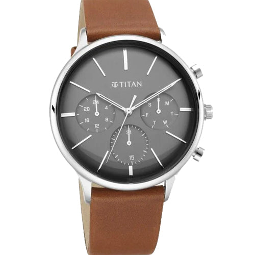 Titan Light Leathers Multifunction Black Dial Brown Leather Strap Watch For Men 42mm NT90134SL01