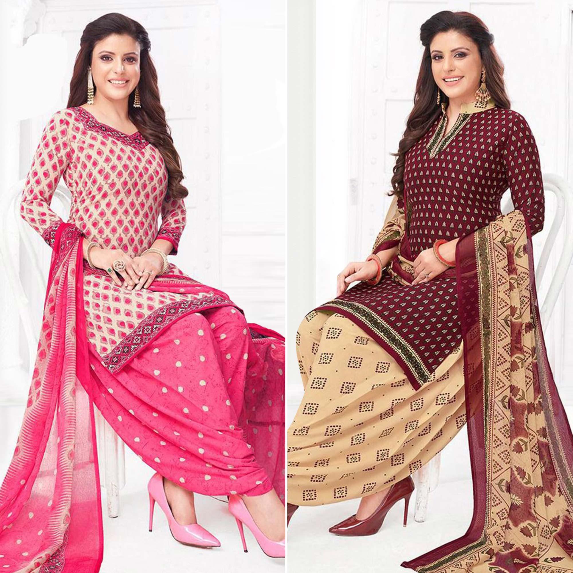 Peachmode Cream And Wine Patiala Crepe Dress Material Pack Of 2
