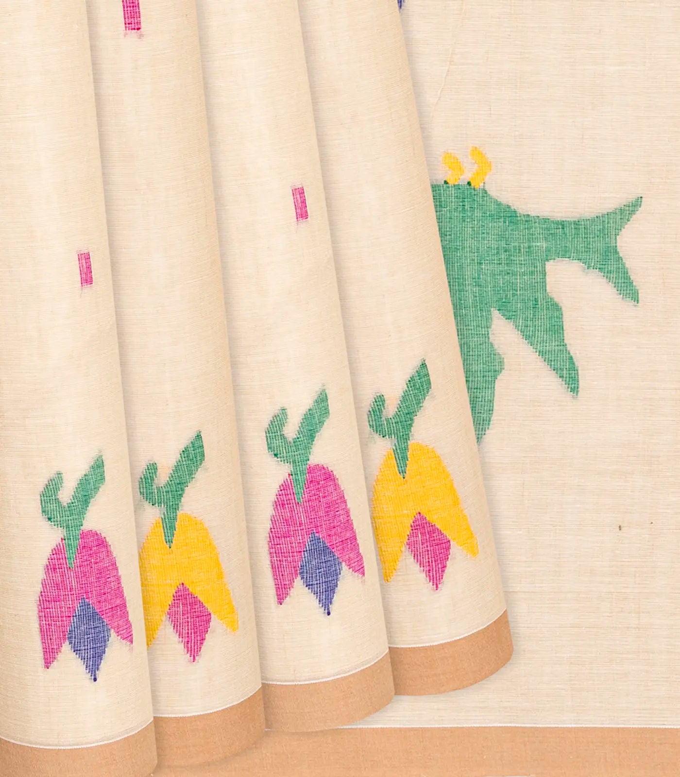 RmKV Cream Handloom Dhakai Cotton Saree With Floral Motifs-Cream