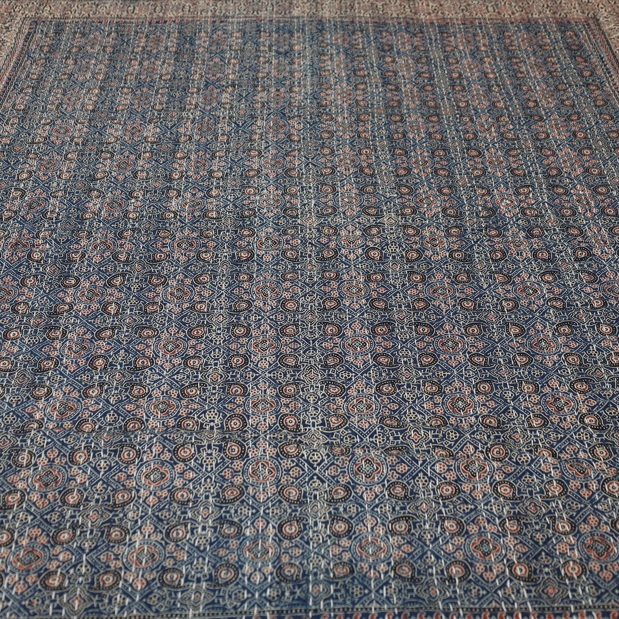 SHADES OF MARUDHARA Blue - Ajrakh Block Printed Kantha Work Cotton Double Bed Cover (105 x 90 in) - view 3