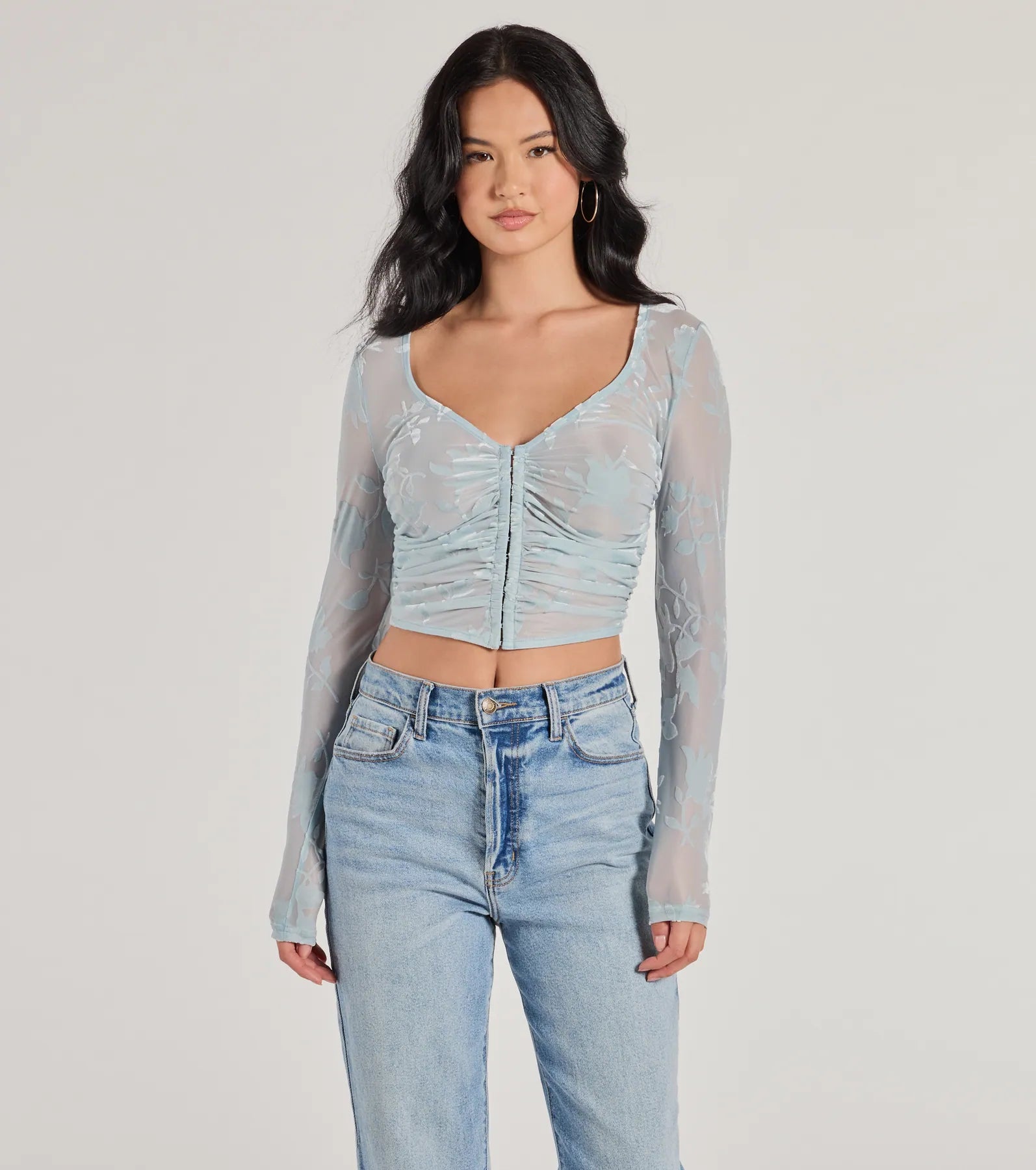 Windsor Charming Flocked Floral Mesh Long Sleeve Corset Top - view 5