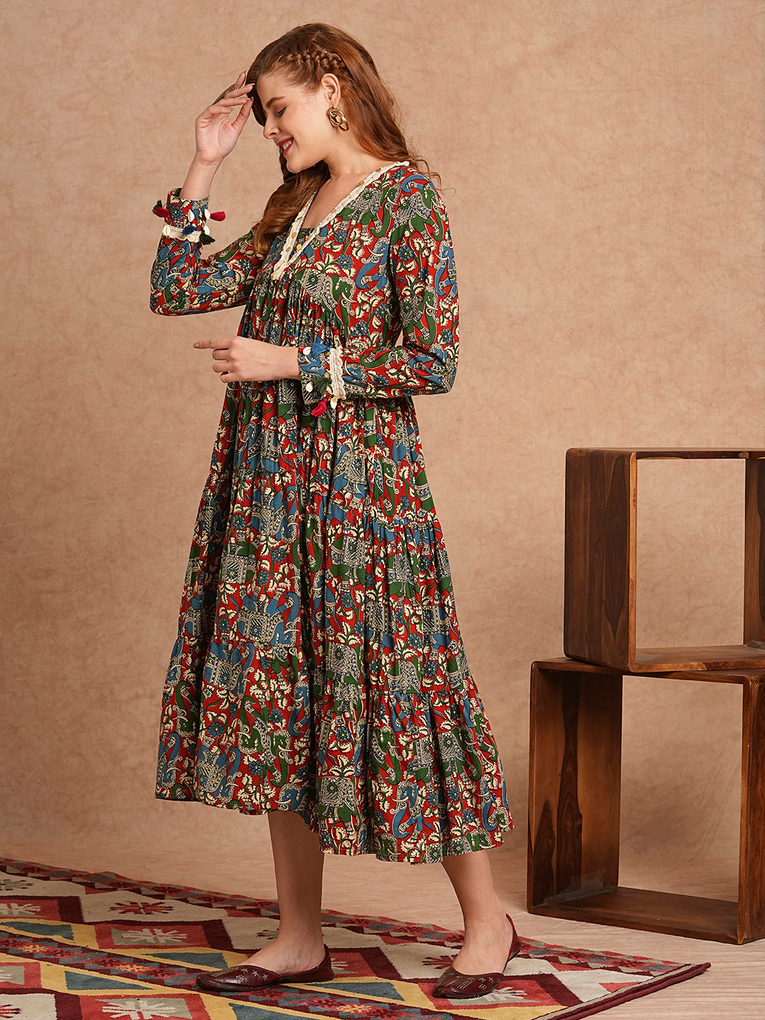 FASHOR Ethnic Animal Printed Embroidered A-Line Pleated Tiered Flared Midi Dress - Multi - view 4