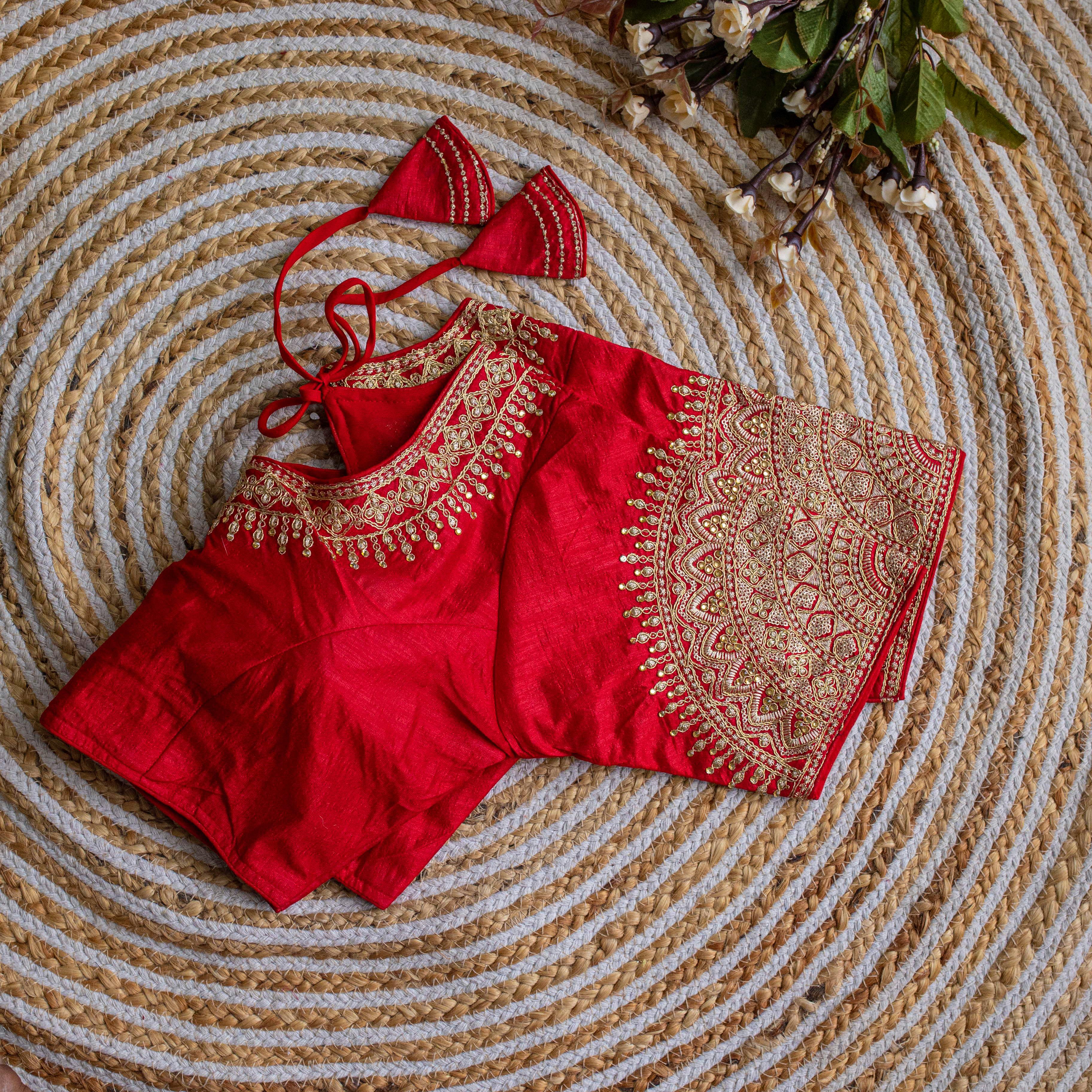 ClothsVilla Red Luxurious Lucknowi Silk Blouse with Golden Embroidery and Sequins - view 2