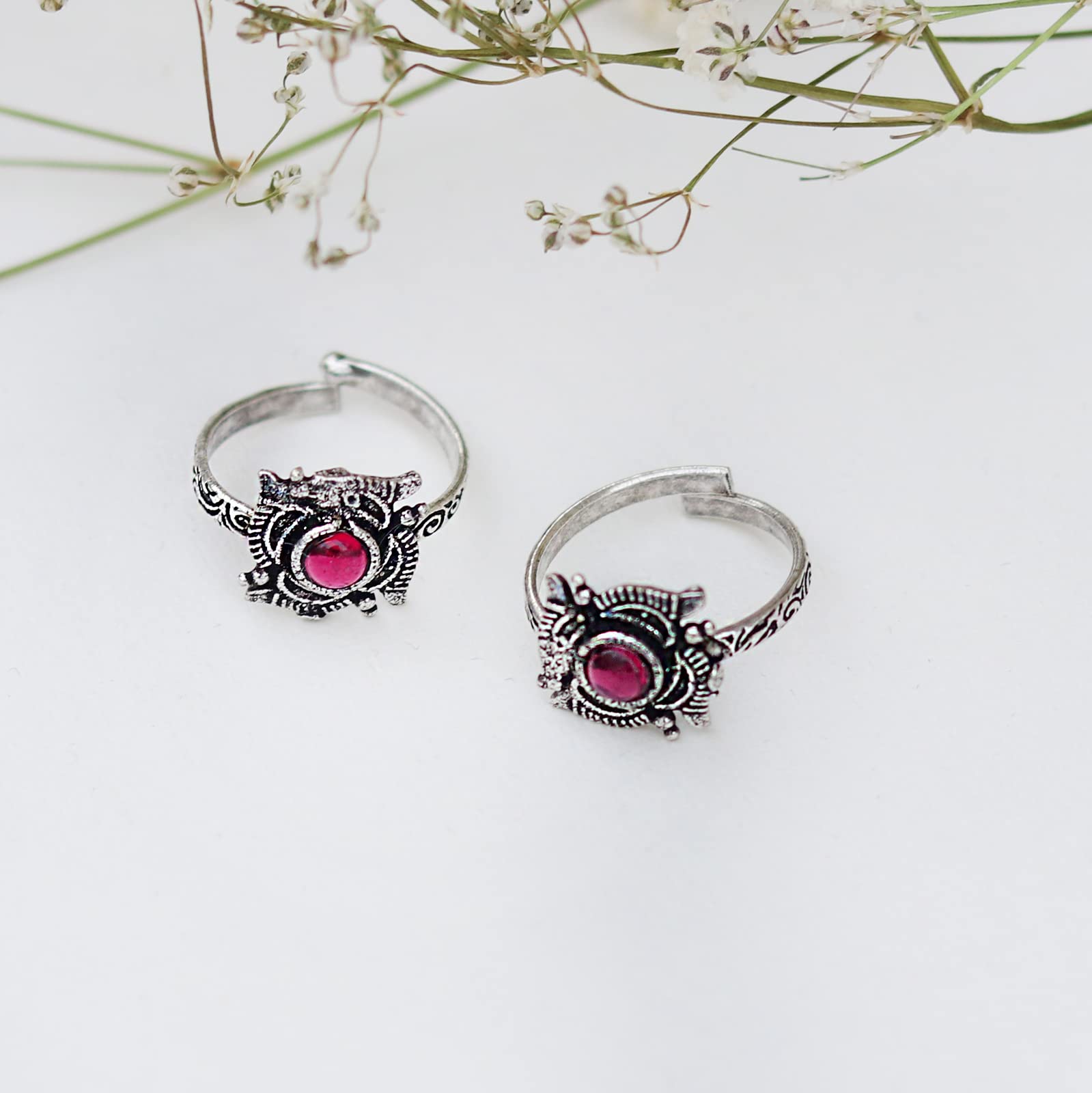 TEEJH Niya Pink Stone Silver Oxidised Toe Rings for Women - view 3