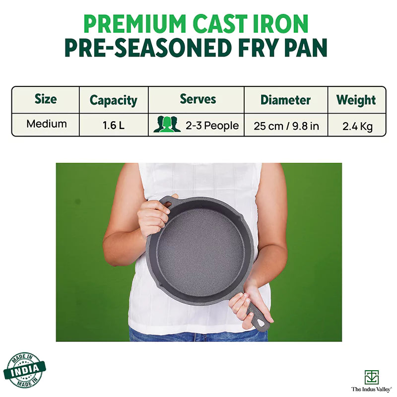 The Indus Valley CASTrong Cast Iron Fry Pan, Pre-seasoned, Nonstick, 100% Pure, Toxin-free, Induction, 25cm, 1.6L, 2.4kg - view 3