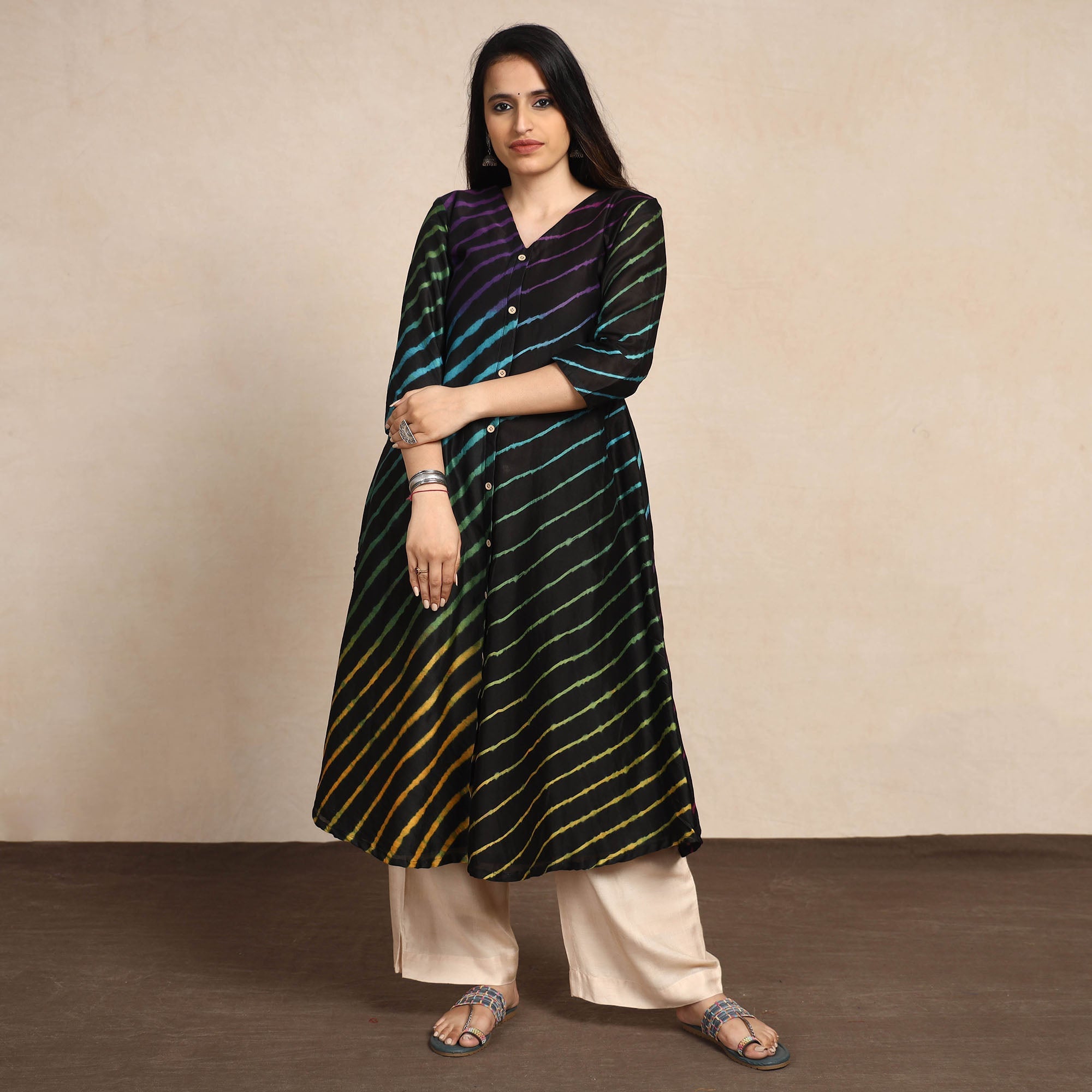 ITOKRI CASUALS Black - Leheriya Tie-Dye Chanderi Silk A-Line Long Kurta - view 2