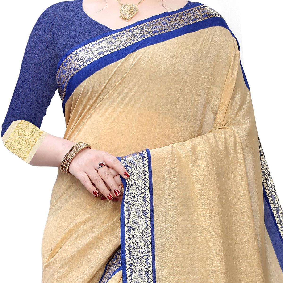 Peachmode Classy Beige Colored Festive Wear Woven Vichitra Silk Saree - view 3