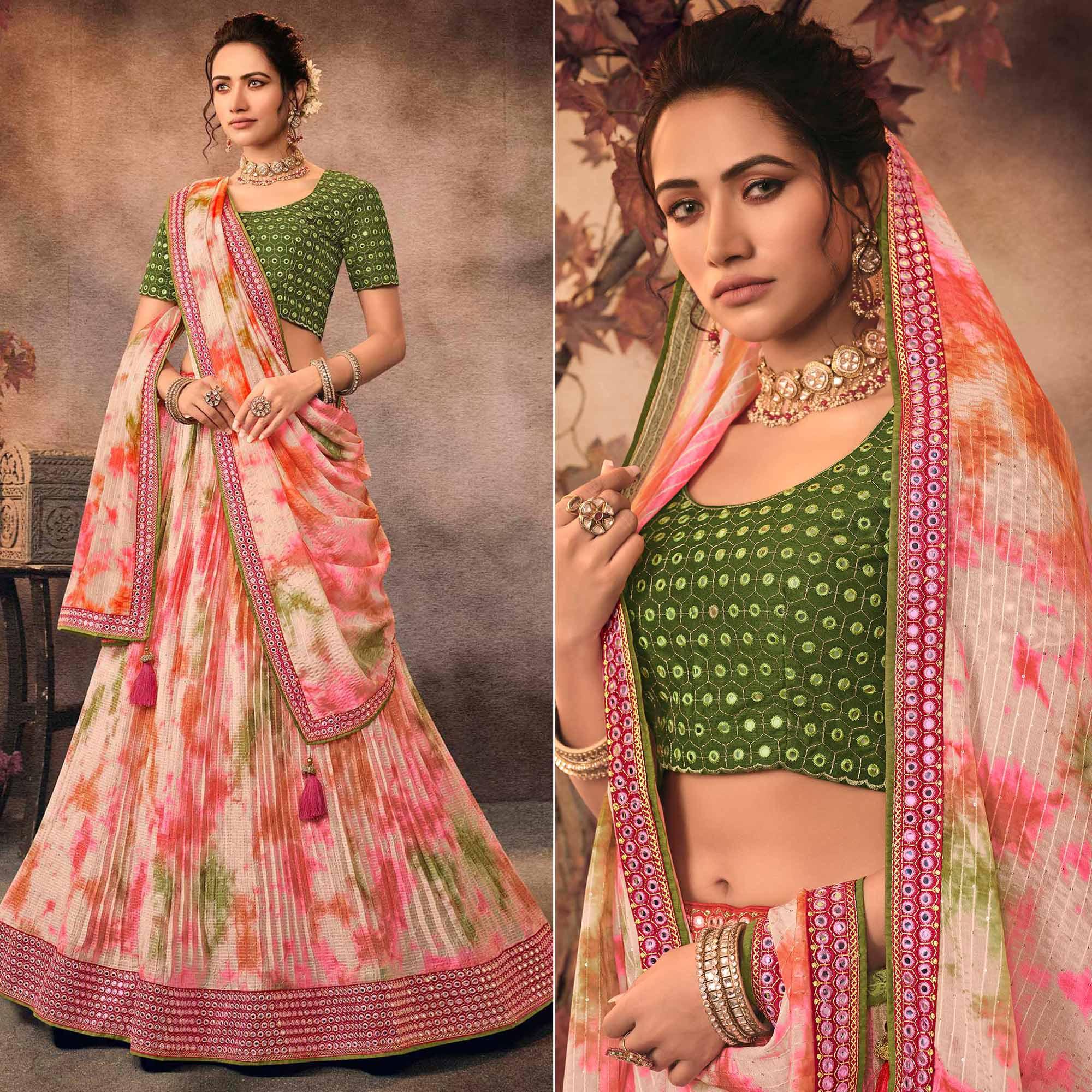 Peachmode Multicolor Digital Printed-Embellished Chiffon Lehenga Choli