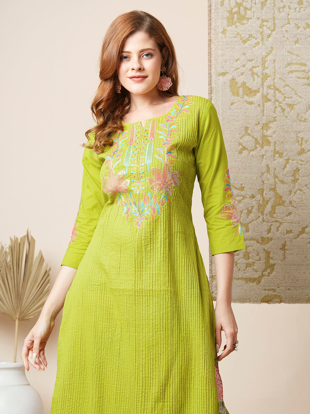 FASHOR Solid Floral Embroidered Straight Kurta with Printed Pant - Lime Green