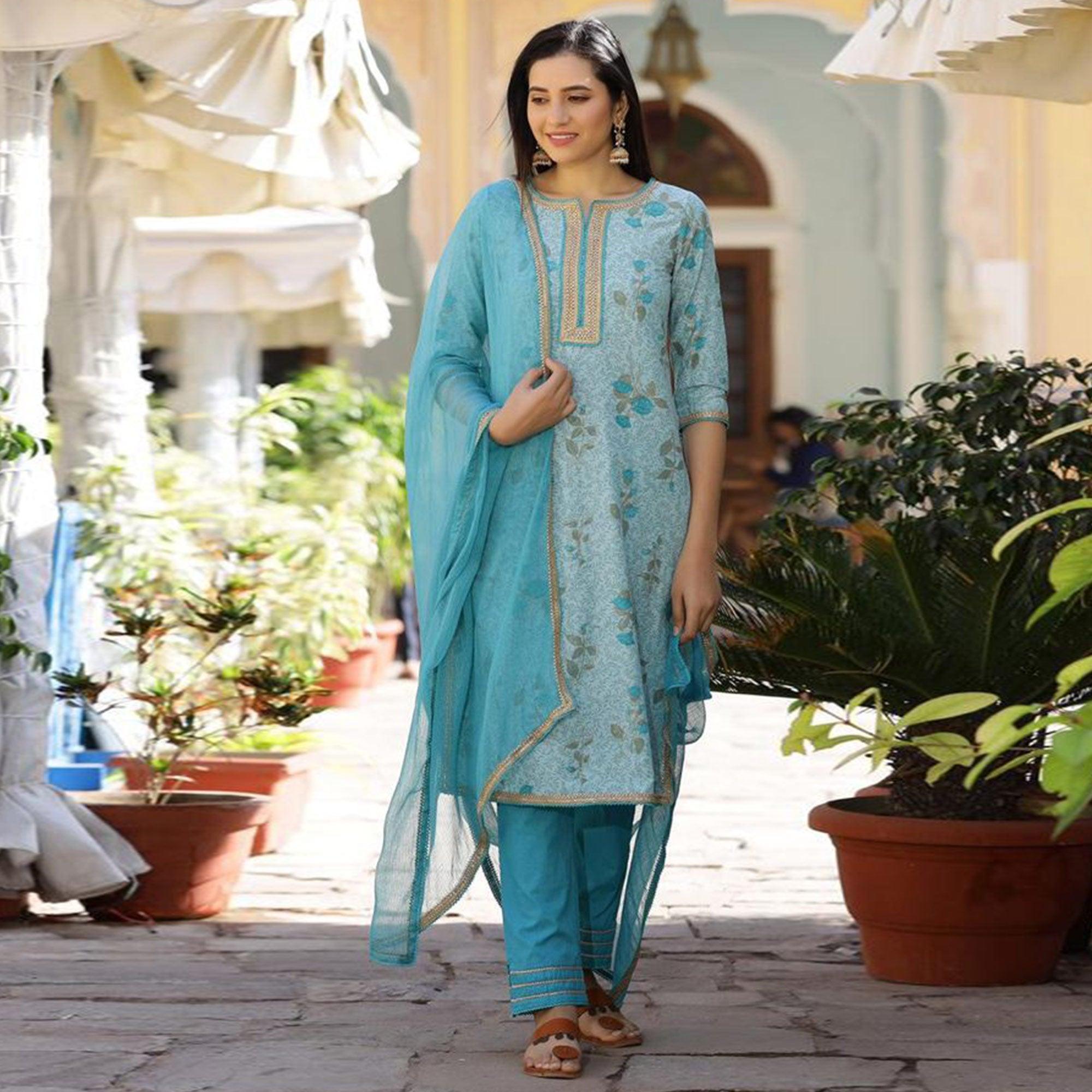 Peachmode Light Blue Casual Wear Printed Cotton Kurti - Pant Set With Dupatta