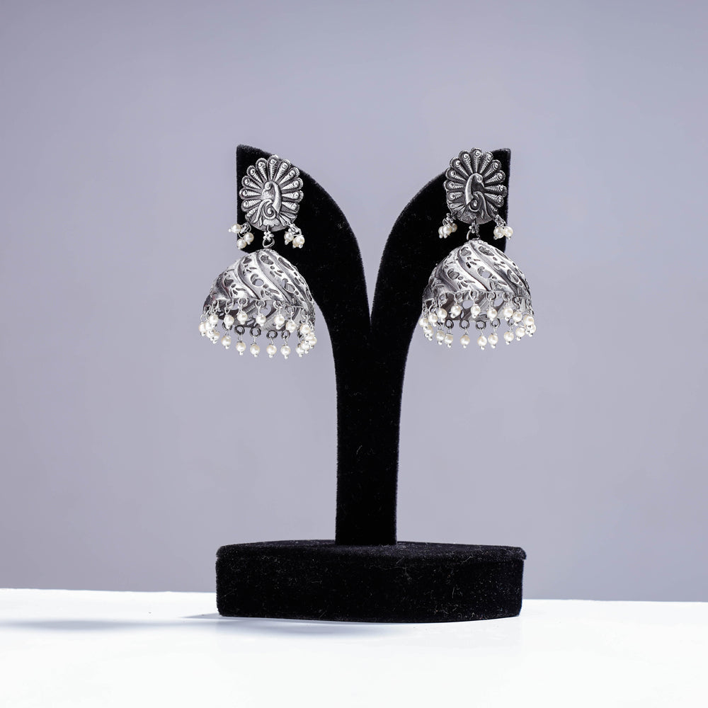 WHITE RIVER STORIES Antique Silver Finish Oxidised Brass Base Jhumki Earrings