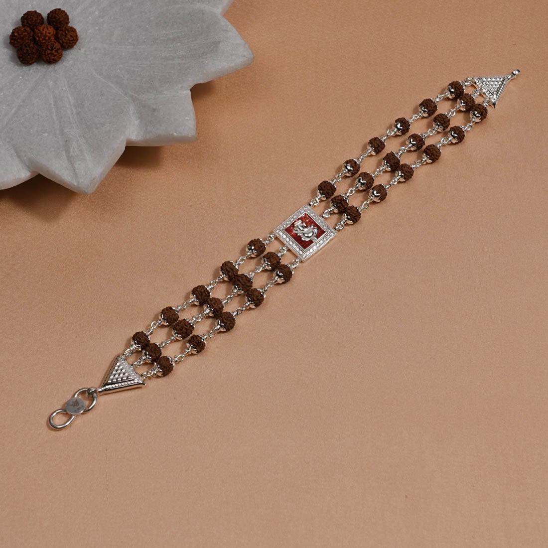 Prinjal Jewellers Rudraksha Silver Ganesh in Red Triple Line Bracelet - view 2