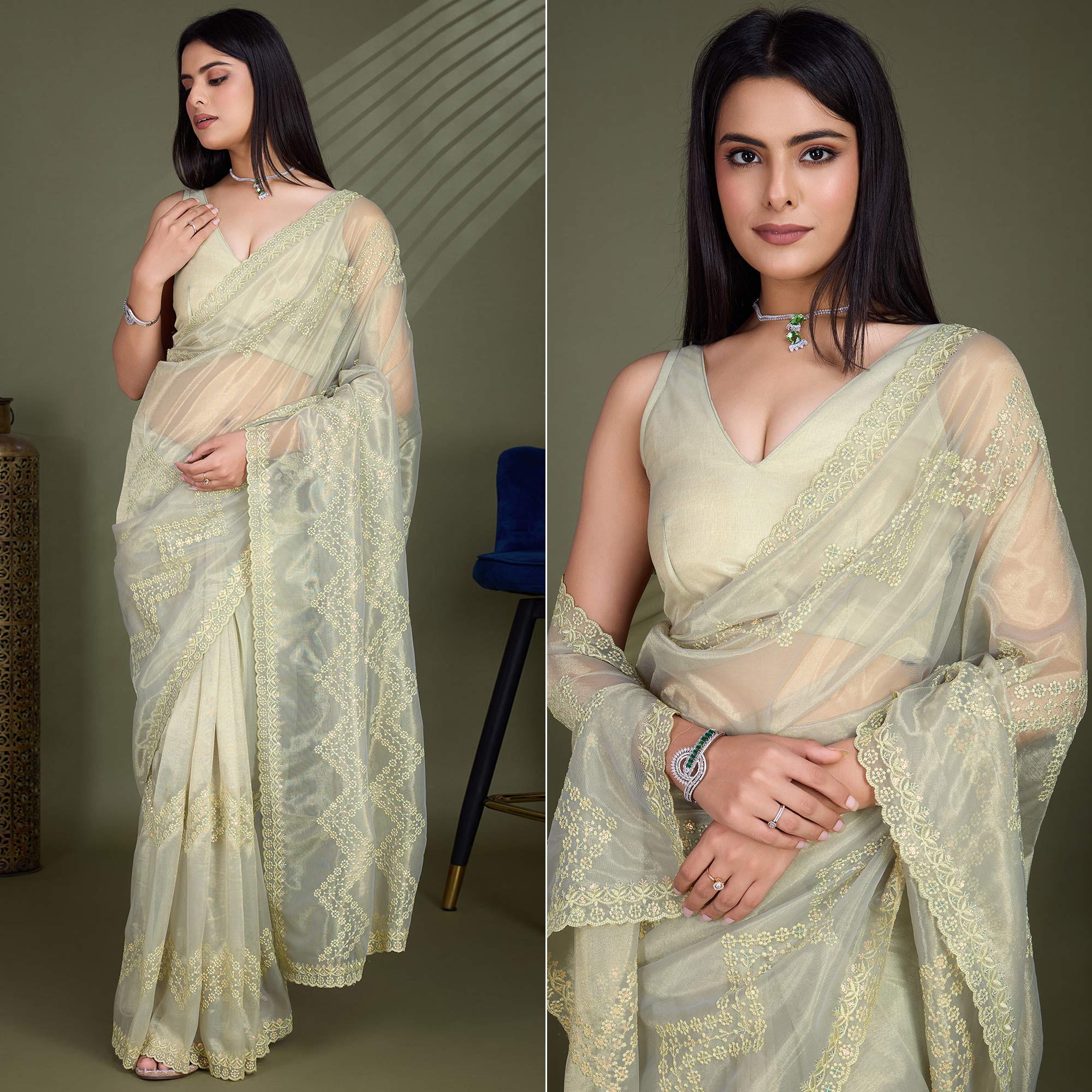 Peachmode Light Olive Green Sequins Embroidered Shimmer Net Saree