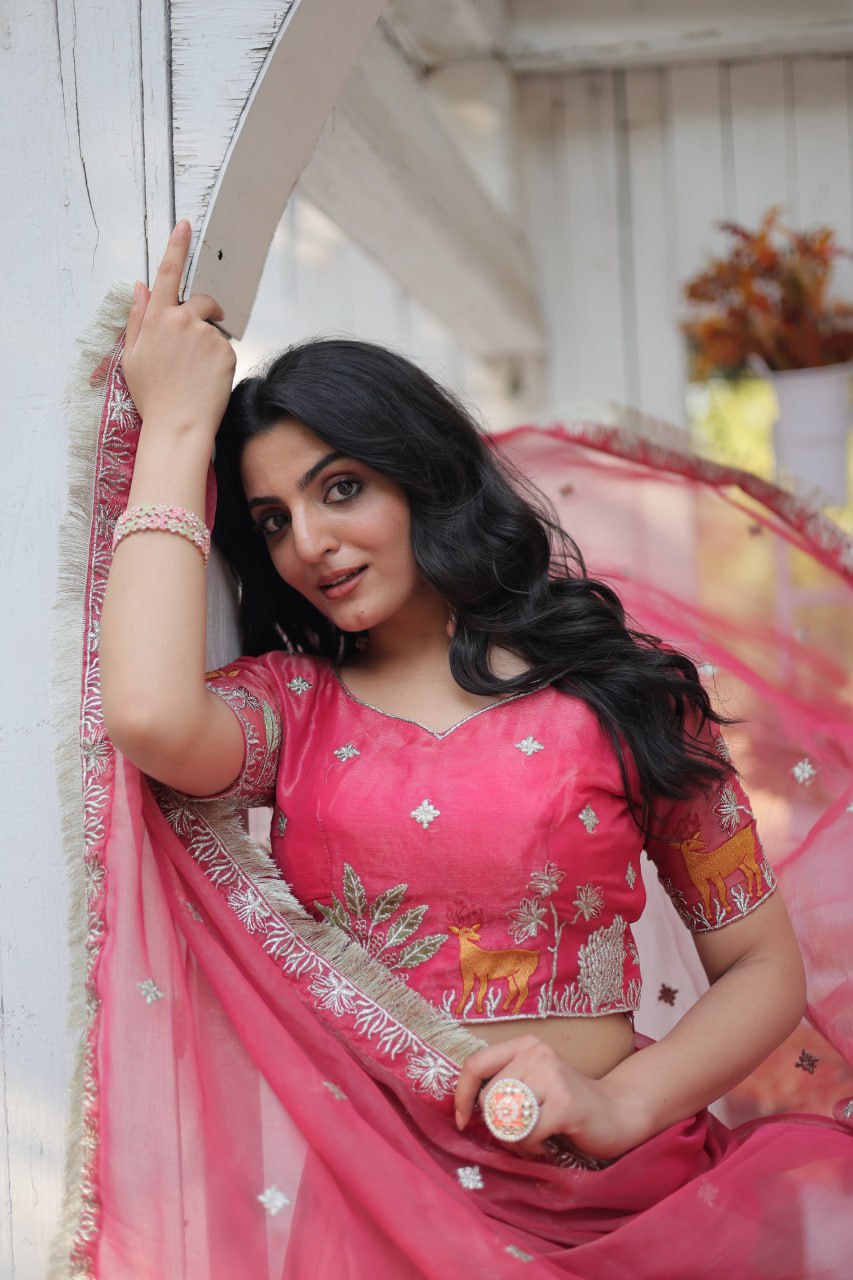 ClothsVilla Pink Elegant Gold Coin Lehenga Choli with Sequins & Thread Embroidery - view 6