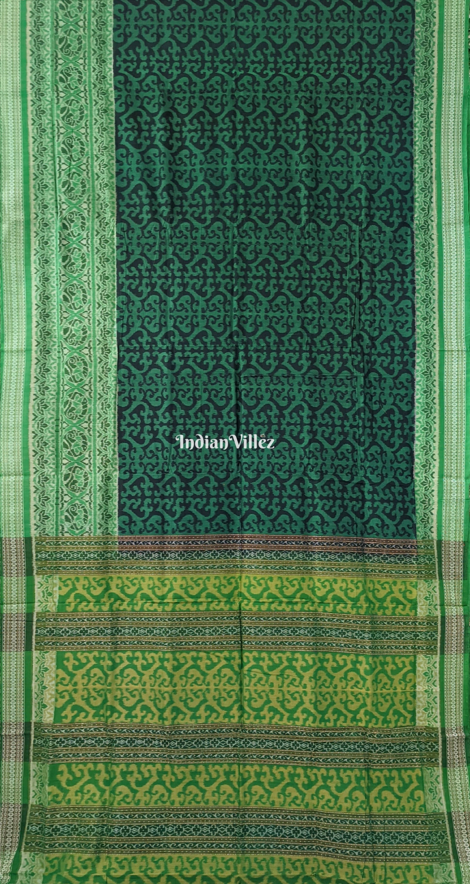 IndianVillèz Green Odisha Ikat Sambalpuri Pure Cotton Saree