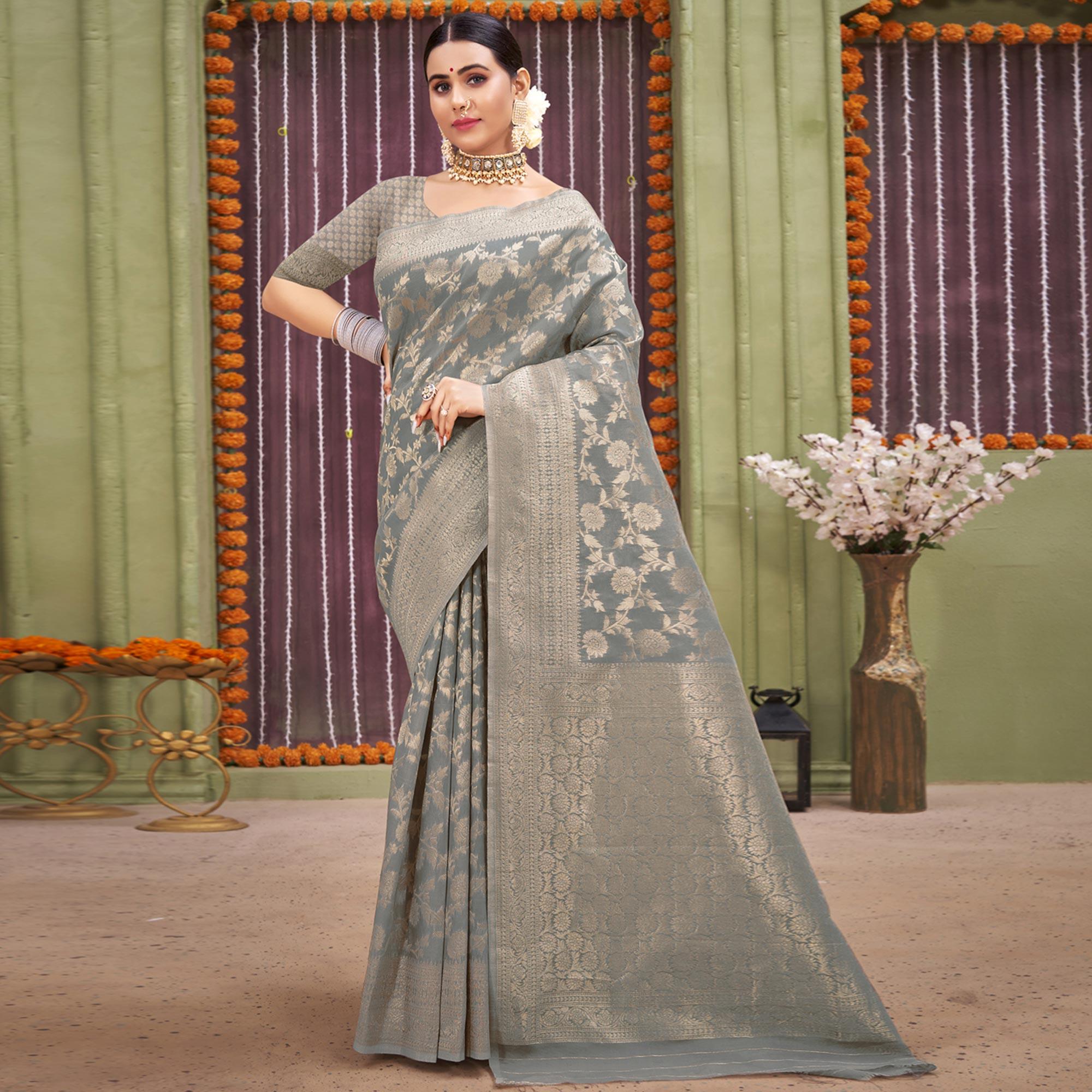 Peachmode Grey Woven Linen Saree – Women's