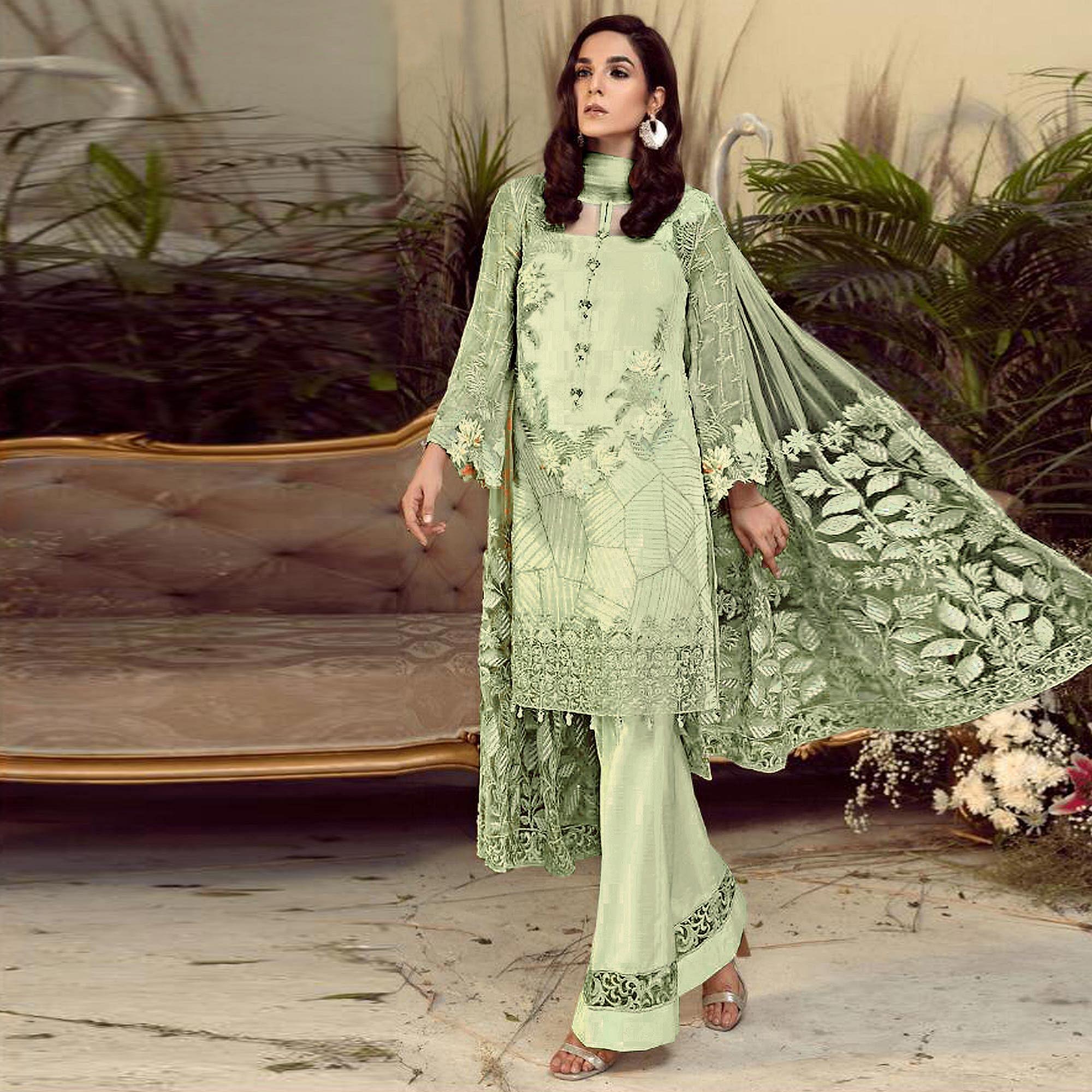 Peachmode Charming Green Colored Partywear Embroidered Faux Gerogette Straight Suit