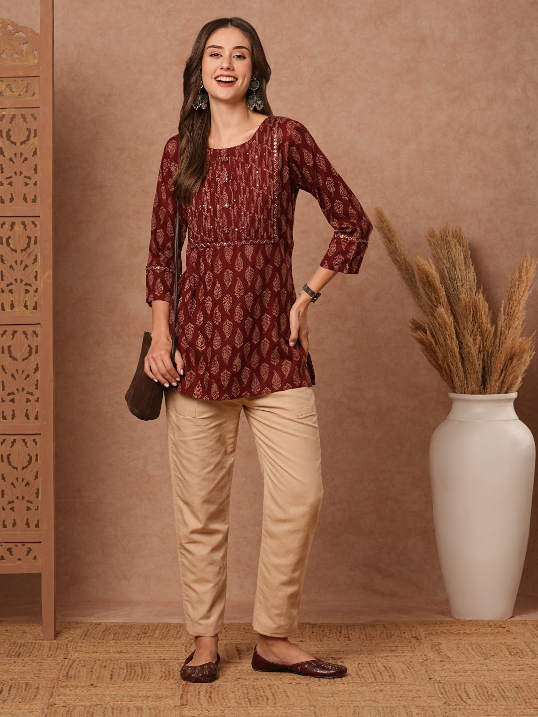 Fashor Ethnic Printed Mirror, Resham & Sequins Embroidered Kurti - Maroon