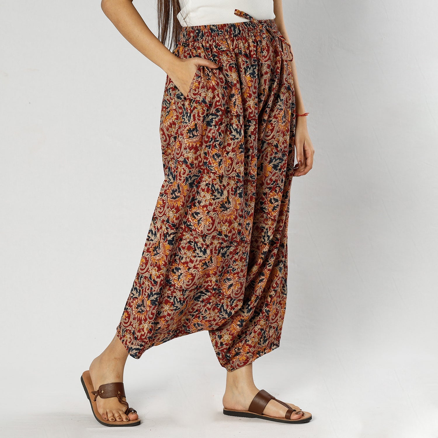 ITOKRI CASUALS Red - Pedana Kalamkari Block Print Cotton Harem Pant (Free Size)