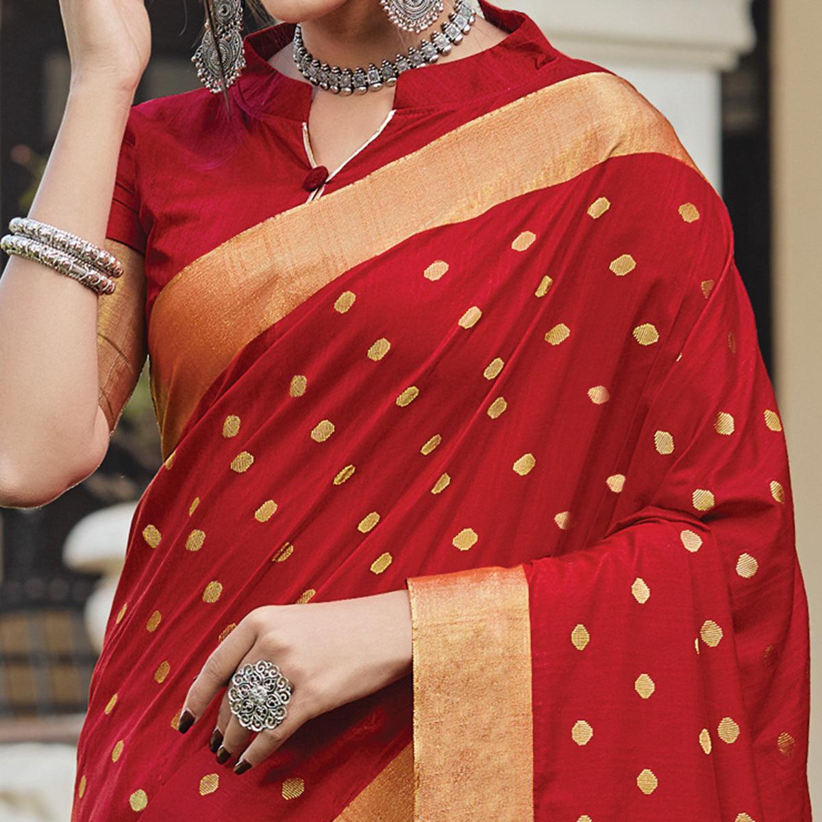 Peachmode Dazzling Red Coloured Casual Wear Woven Handloom Silk Saree - view 2