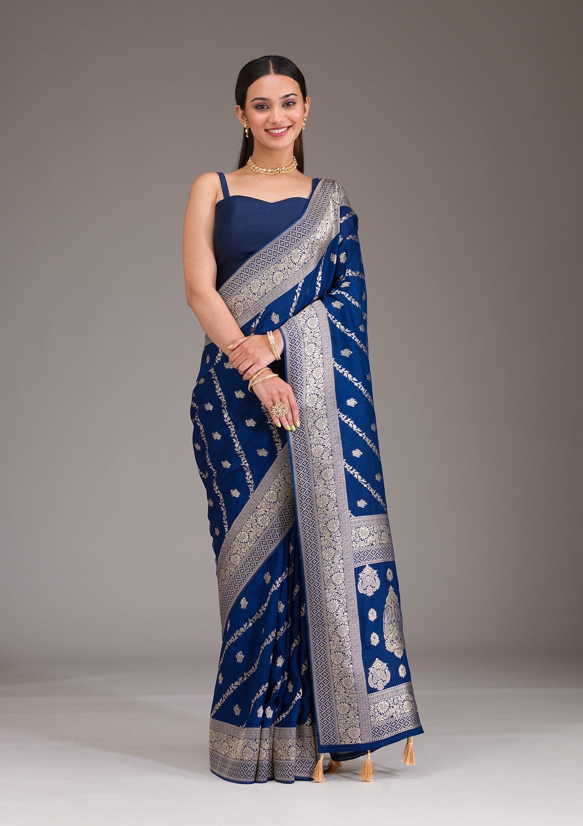 Koskii Navy Blue Zariwork Semi Crepe Saree – Women's - view 4