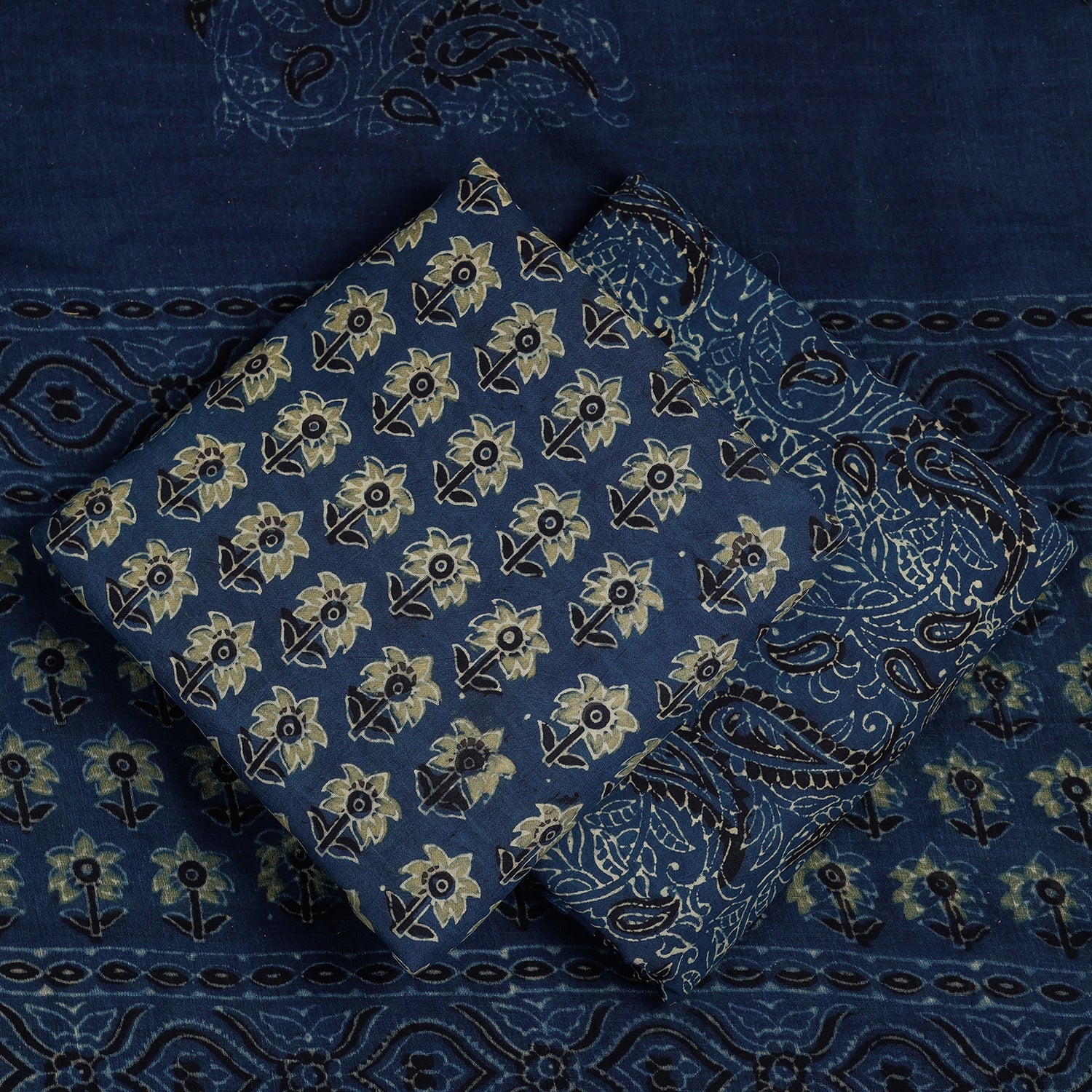KACHCHH JI CHHAAP Blue - 3pc Ajrakh Block Printed Cotton Suit Material Set - view 2