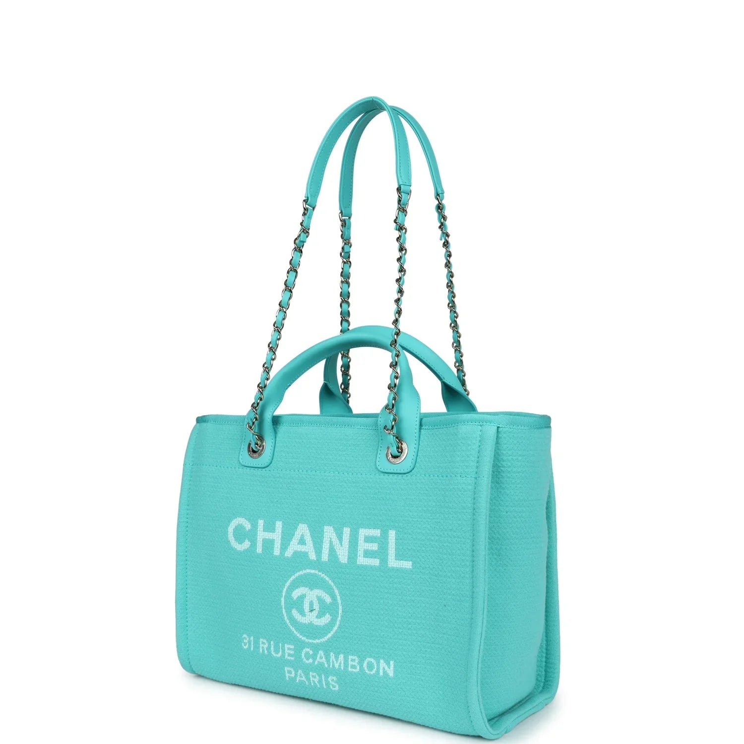 Cop Underdog Chanel Small Deauville Shopping Bag Turquoise Canvas Light Gold Hardware - view 3