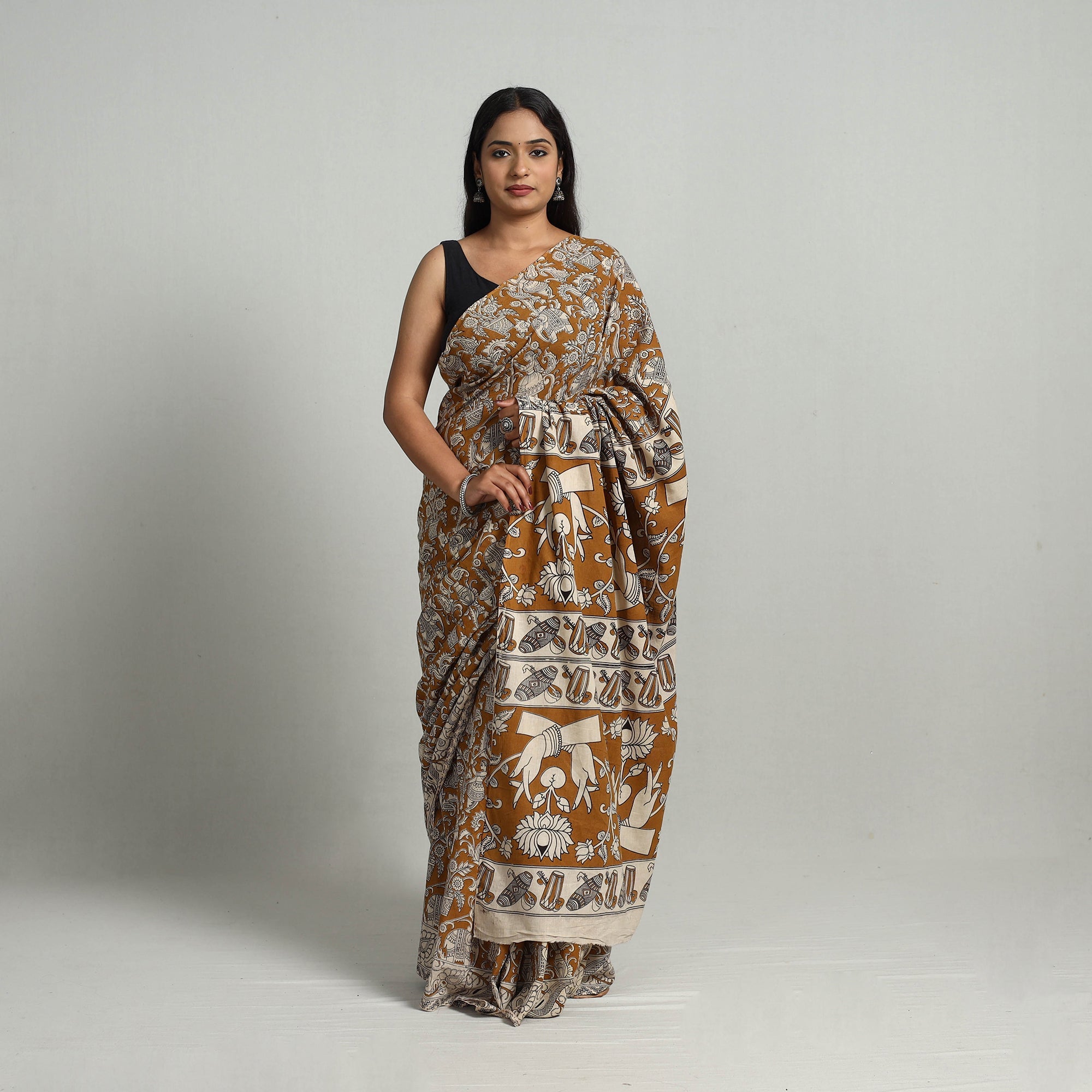 SOUTH KARGHA Brown - Kalamkari Print Cotton Saree with Blouse 16