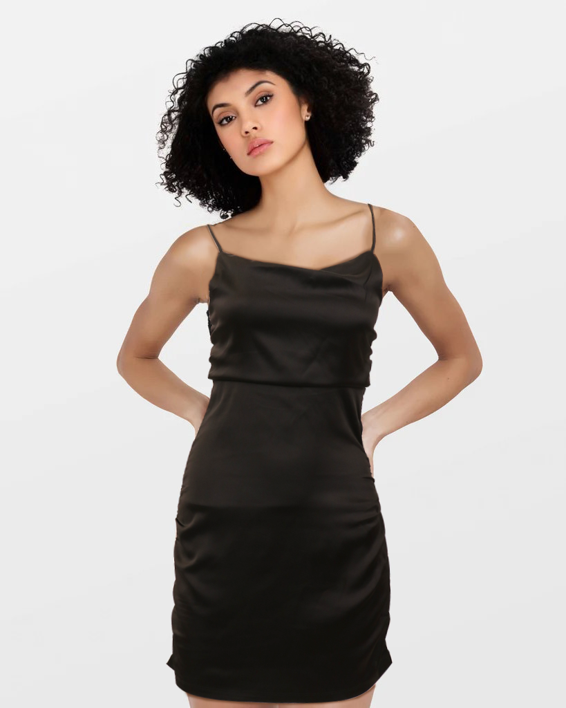 Glam Black Satin Ring Mini Dress