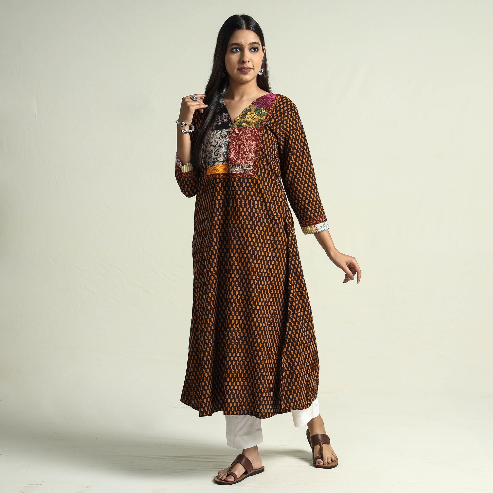 ITOKRI CASUALS Brown - Block Print Cotton Patchwork A-Line Bagh Kurta - view 3