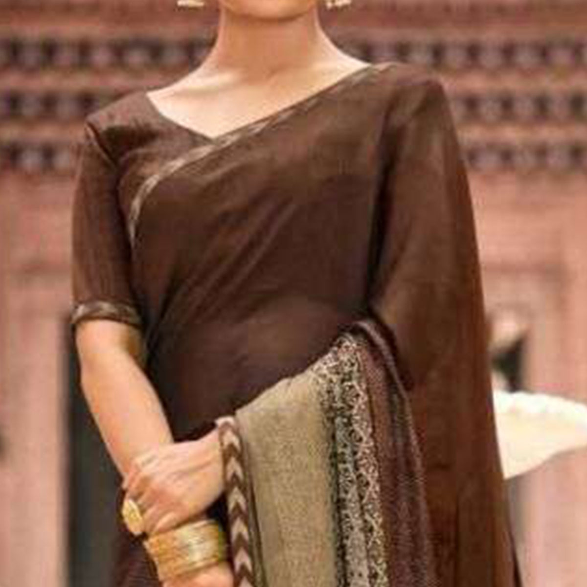 Peachmode Brown Printed Fancy Fabric Saree – Women's - view 2