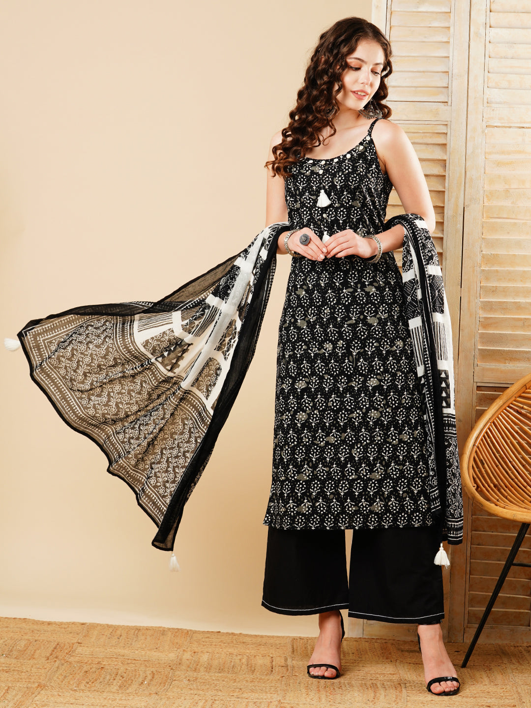 Fashor Ethnic Printed Straight Kurta with Palazzo & Pure Cotton Dupatta - Black