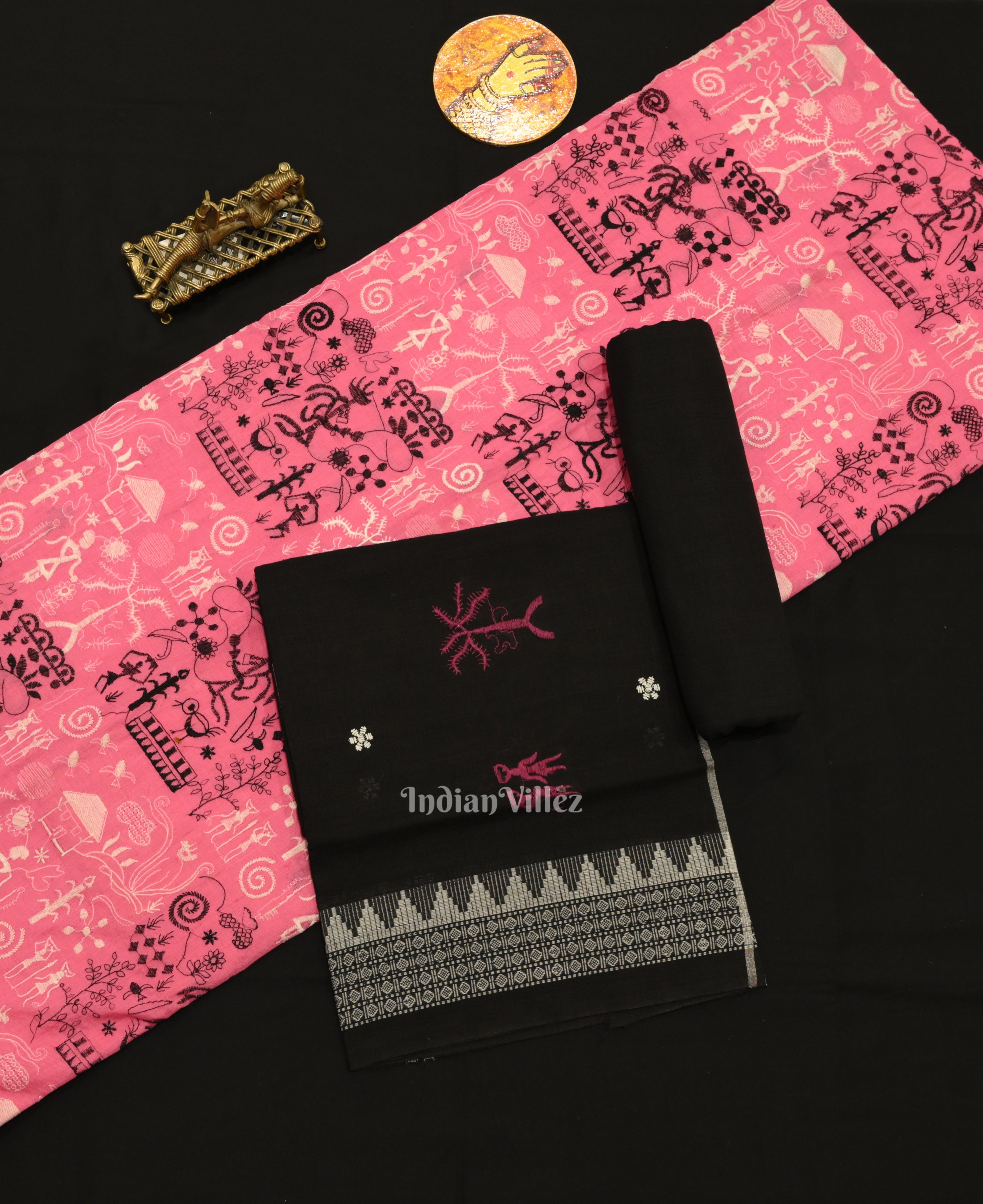 IndianVillèz Pink Black Tribal Design Sambalpuri Dress Material & Dupatta