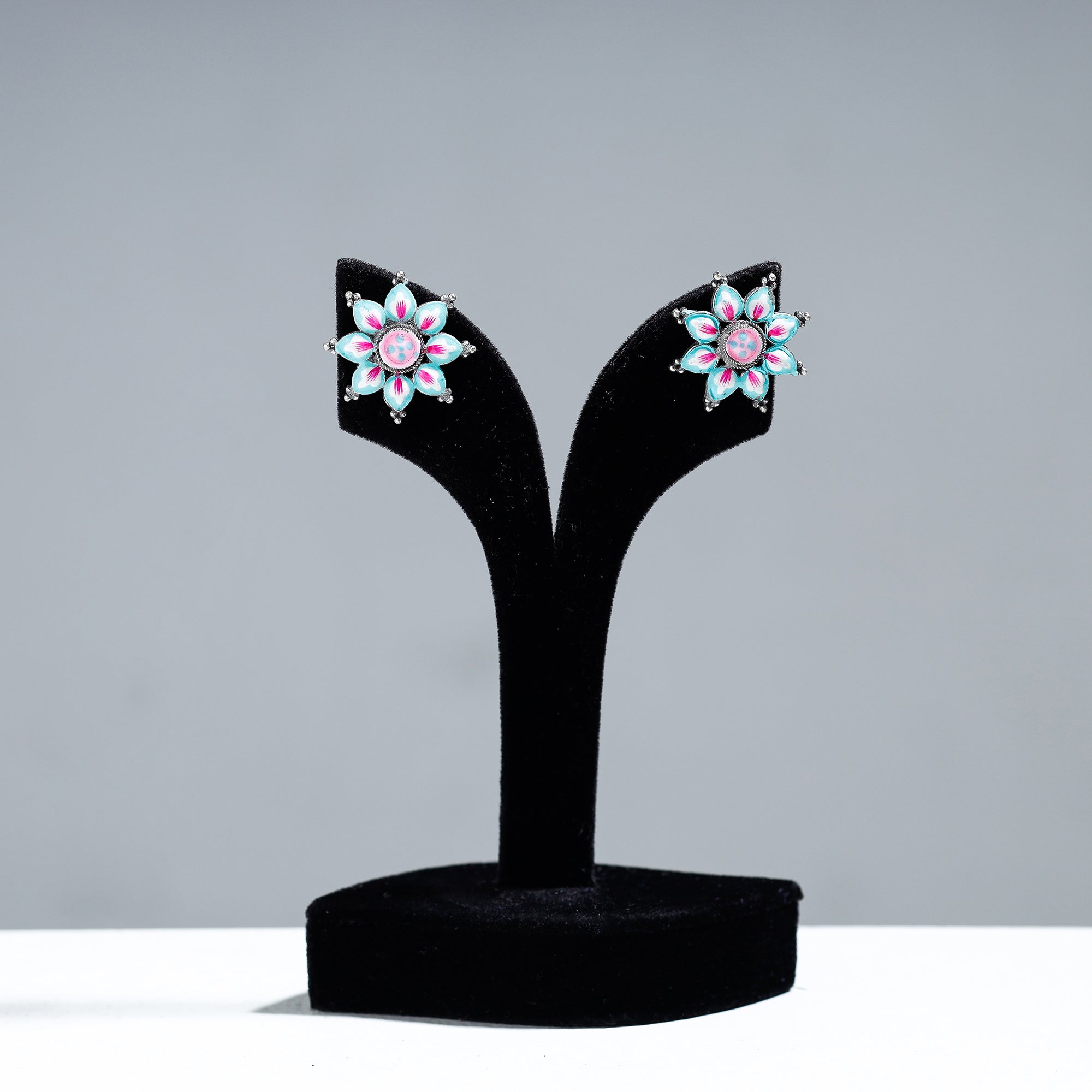 WHITE RIVER STORIES Antique Silver Finish Oxidised Brass Base Enamel Work Stud Earrings