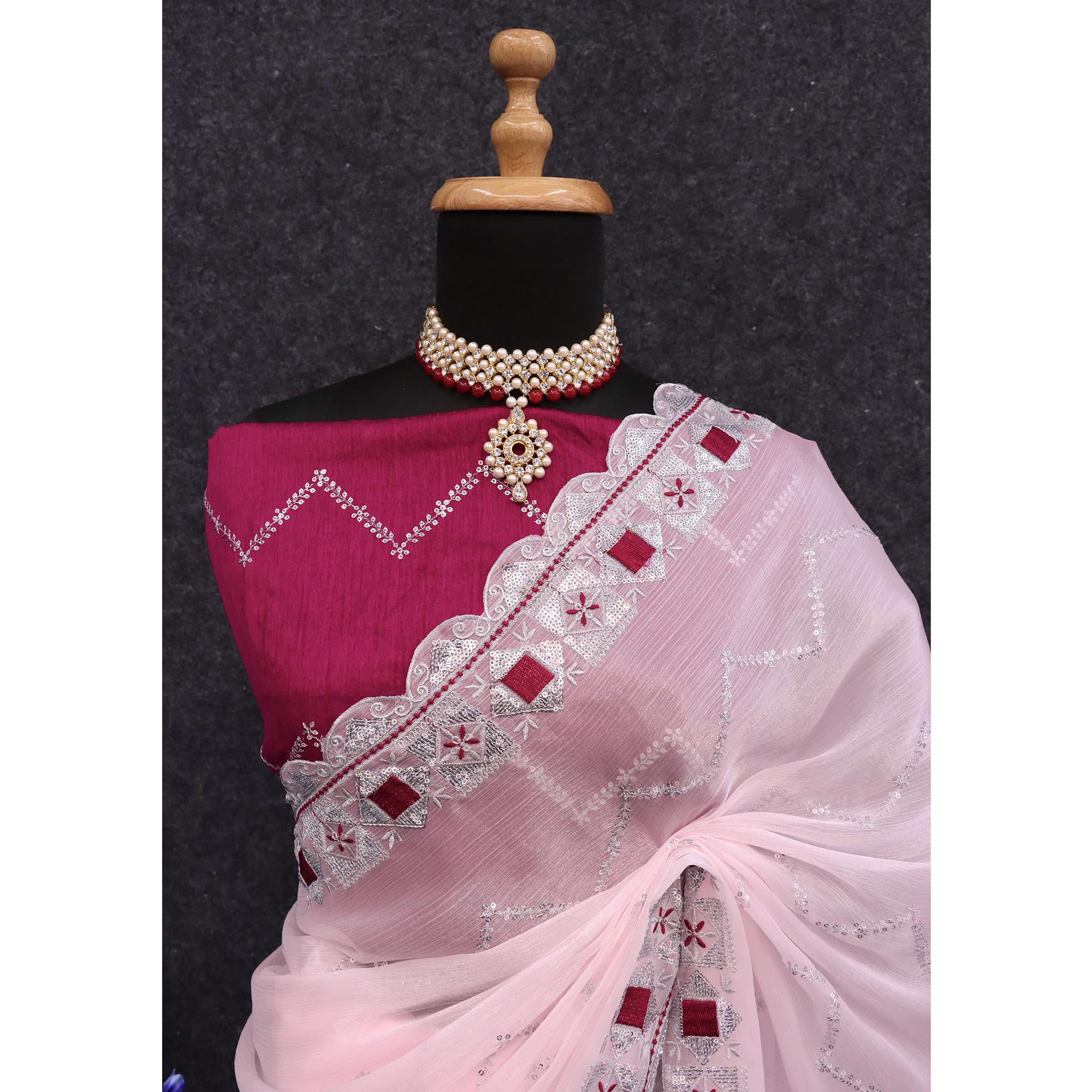 Peachmode Light Pink Sequins Embroidered Chiffon Saree - view 7