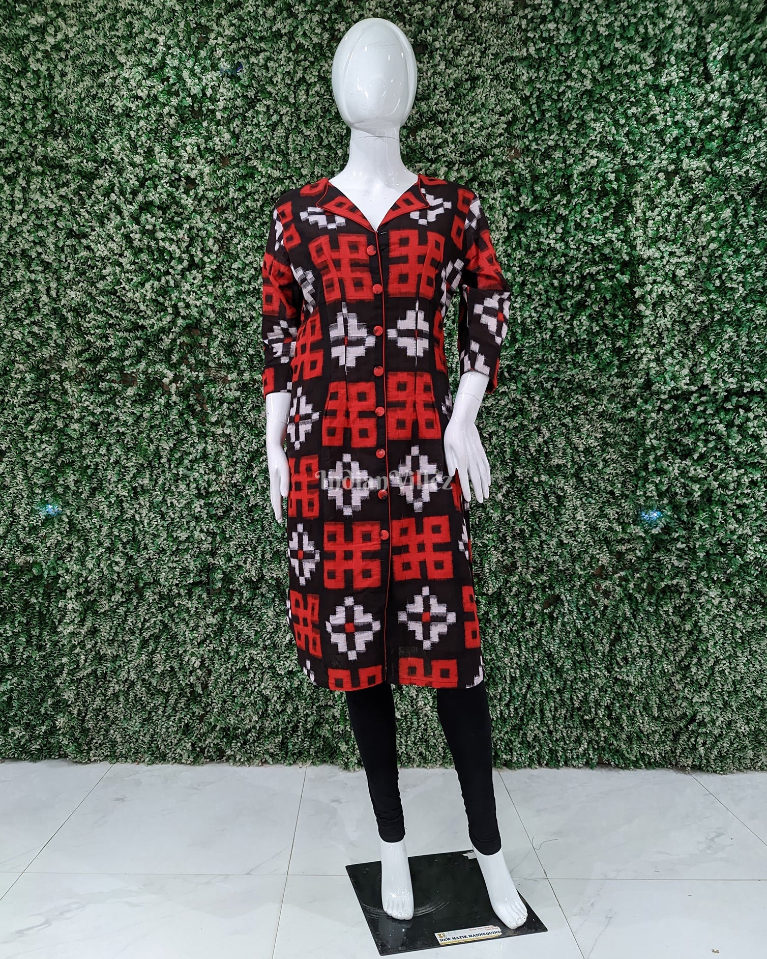 IndianVillèz Red Black Sambalpuri Odisha Ikat Designer Cotton Kurti for Women