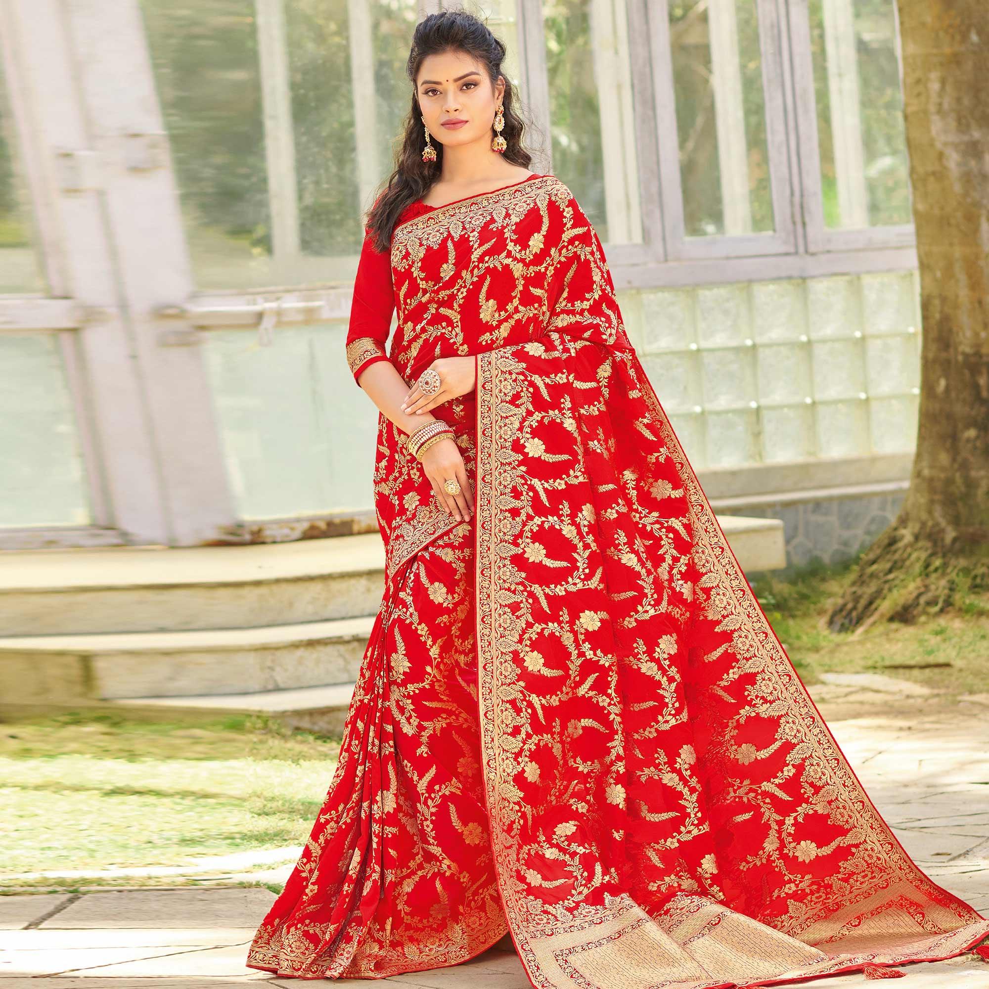 Peachmode Excellent Red Colored Festive Wear Woven Silk Saree
