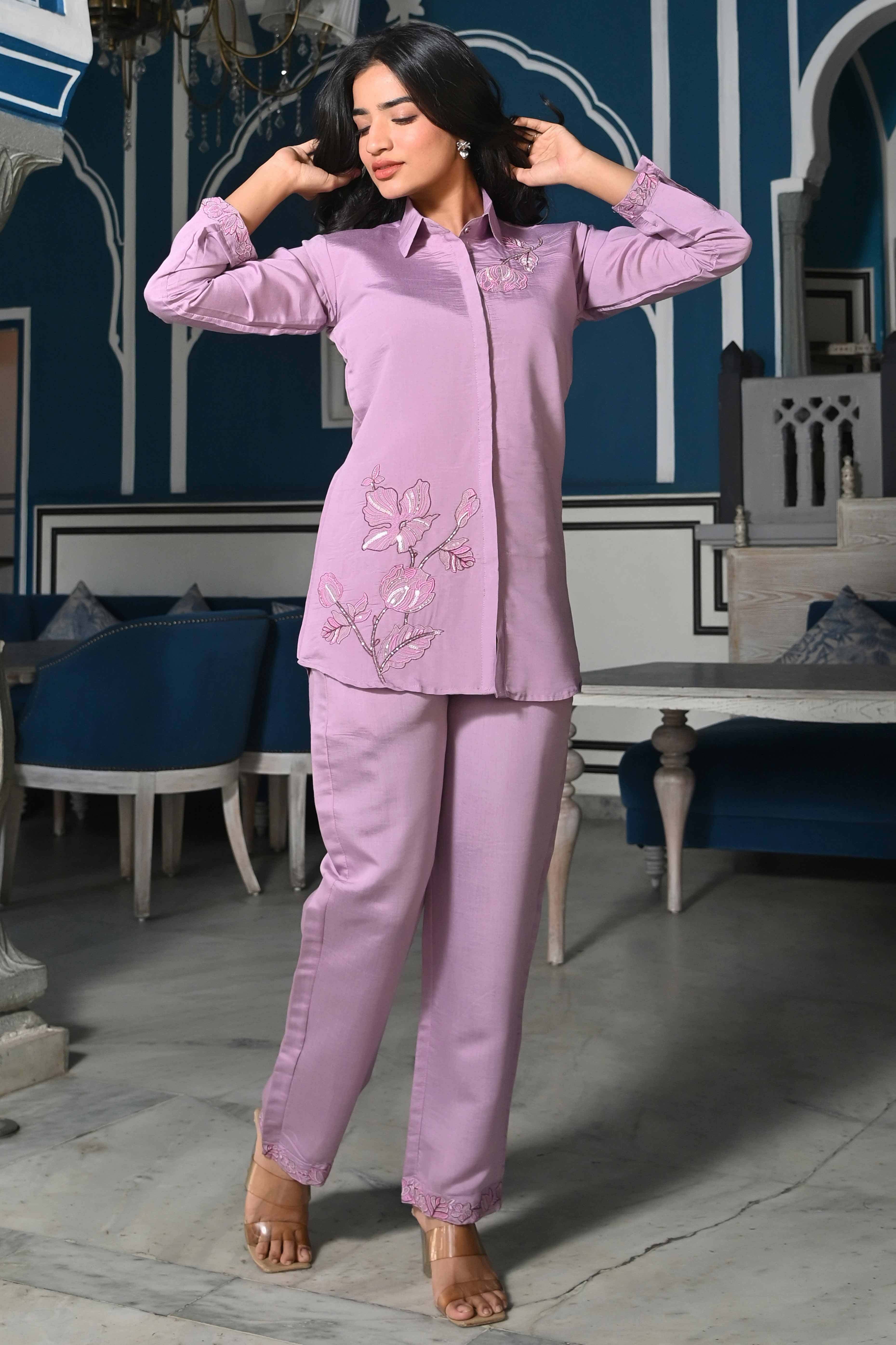Peachmode Mauve Floral Hand Work Embroidered Chanderi Co-Ord Set