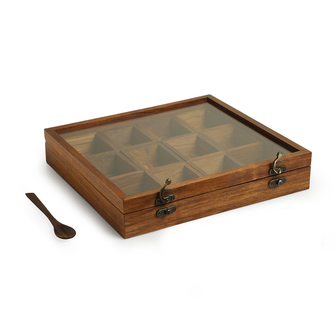 EXCLUSIVELANE 'Medley of Masalas' Handcrafted Spice Box With Spoon In Sheesham Wood (12 Containers, 80 ml) - view 2