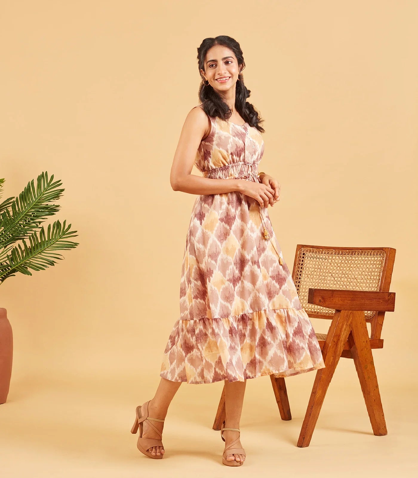 RmKV Brown Yellow Abstract Printed Cotton Dress